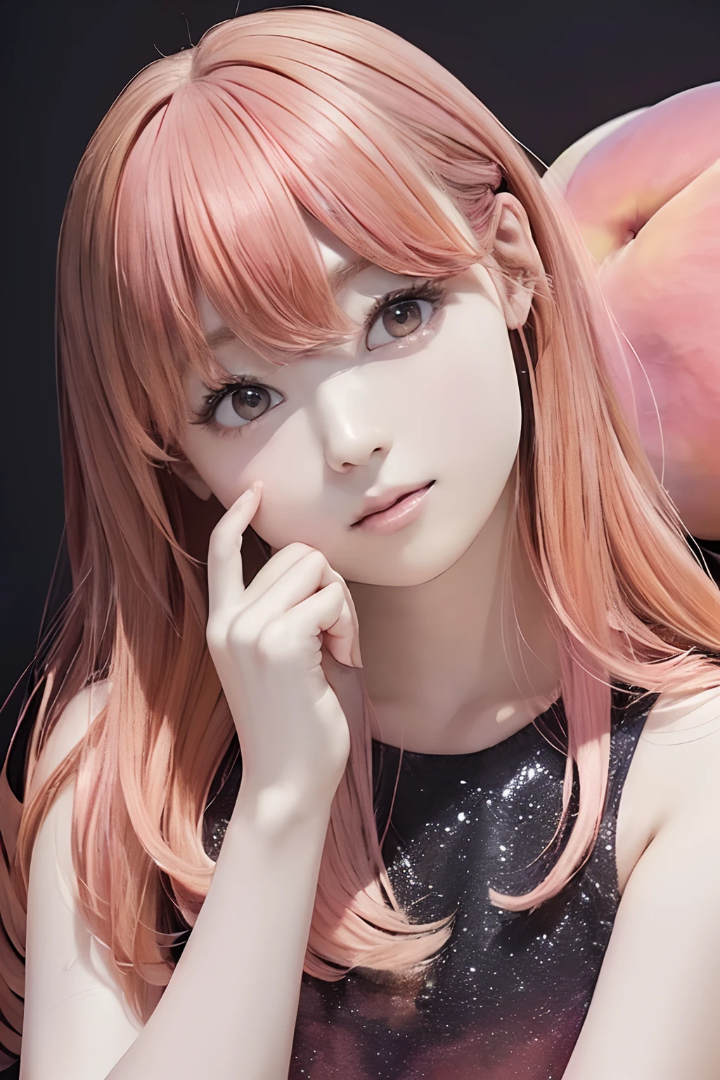 upperbody shot、(((black backgrounds)))、front facing、an oil painting、​masterpiece、top-quality、front facing、hight resolution、(((Peach-colored hair)))、(((pink clothing)))、long、(((Peach-colored dress)))、femele１a person、(((I'm surprised)))、(((Surprised)))、(((Place your hand in front of your mouth)))、Open your eyes