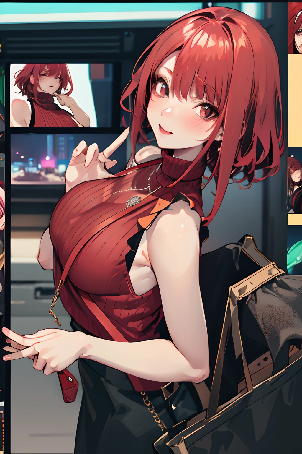 masutepiece, Best Quality, pixiv, Cowboy Shot, Red hair,
1girl in, breasts, blush, Sleeveless,Jewelry, Looking at Viewer, Skirt, Necklace, Solo, Bag, Sweaters, turtle neck, sleeveless turtleneck, Jacket, Sleeveless sweater, Long skirt, Medium Hair, Handbag、Confident rich woman standing in front of camera, Staring into the lens, Surrounded by a bustling recording scene with flashing lights, ,In the style of star art group Xing, 32K, Best Quality, masutepiece, Super Detail, high details,Girl in the video、Displayed on the monitor、(((pov))!