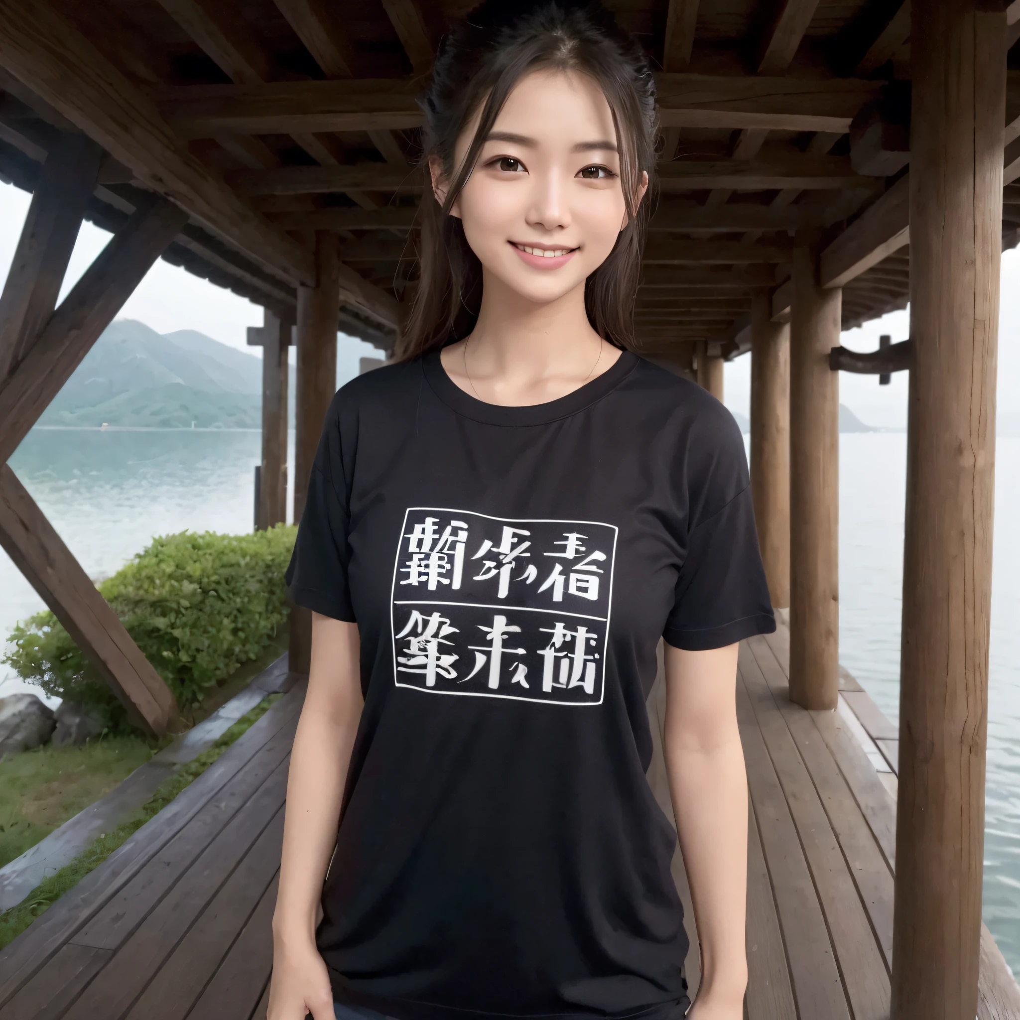 One beauty、((best qualtiy、8k masterpieces:1.3))、foco nítido:1.2、(ultra beautiful faces:1.0)、(shinny skin:1.0)、photos realistic、A dark-haired、Video Lighting、High-definition eyes and face、Video Lighting、25-year-old Japan actress、from the front side、medium breasts、Smile、Slender Abs Beauty、Whole body、Wearing a T-shirt with Japan kanji written on it、On the shore of the foggy lake
