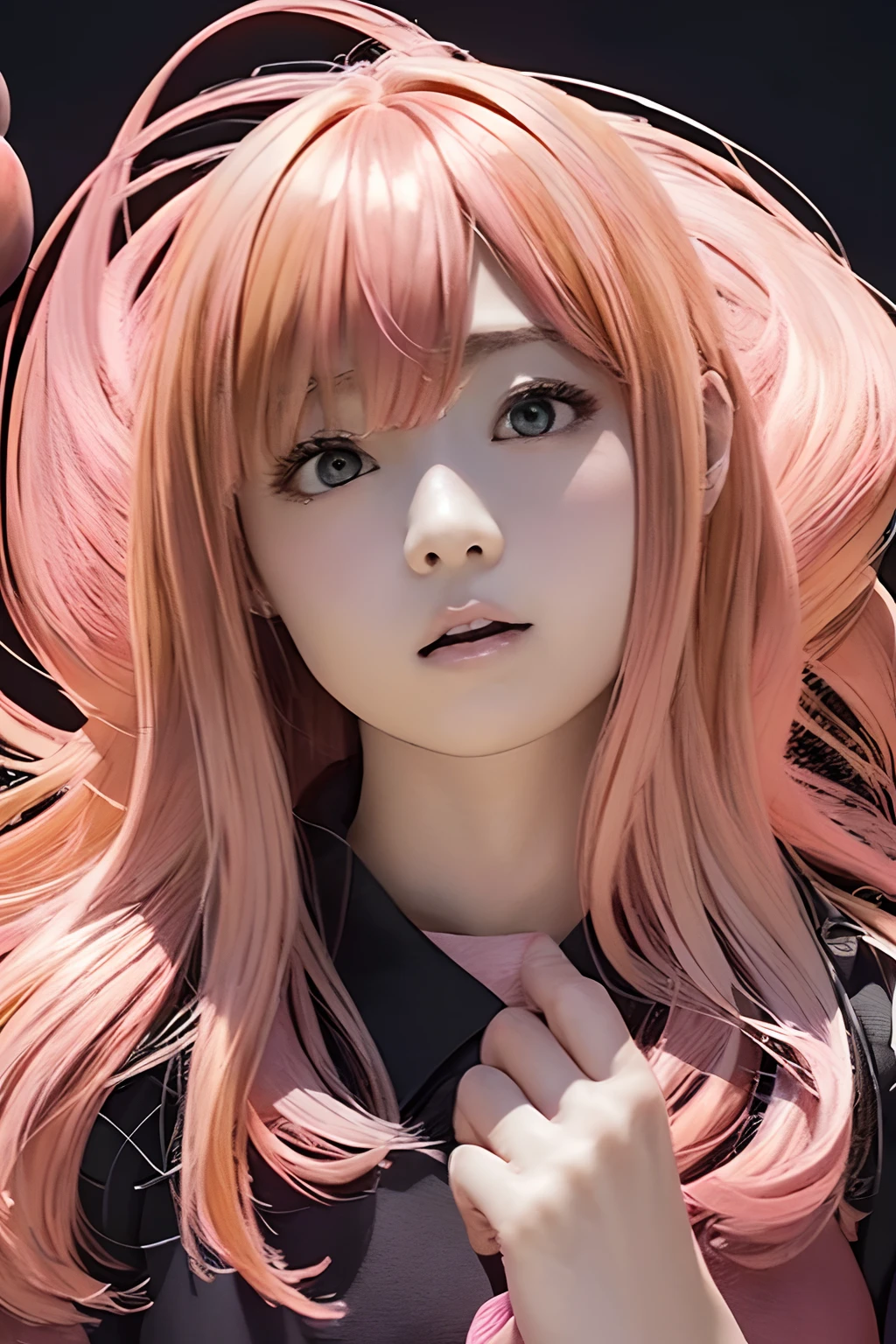 upperbody shot、(((black backgrounds)))、front facing、an oil painting、​masterpiece、top-quality、front facing、hight resolution、(((Peach-colored hair)))、(((pink clothing)))、long、(((Peach-colored dress)))、femele１a person、(((Hands in front of mouth)))、(((Stunned face)))