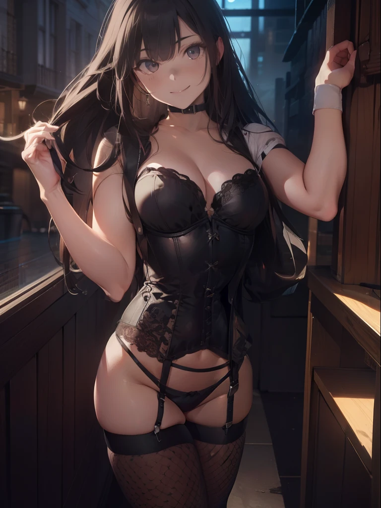 ultra-quality, ultla highres, Hyper Detailed, High contrast, superfine illustration, creative refinement, ssmile,Black corset,Black garter belt,Clubhouse at night