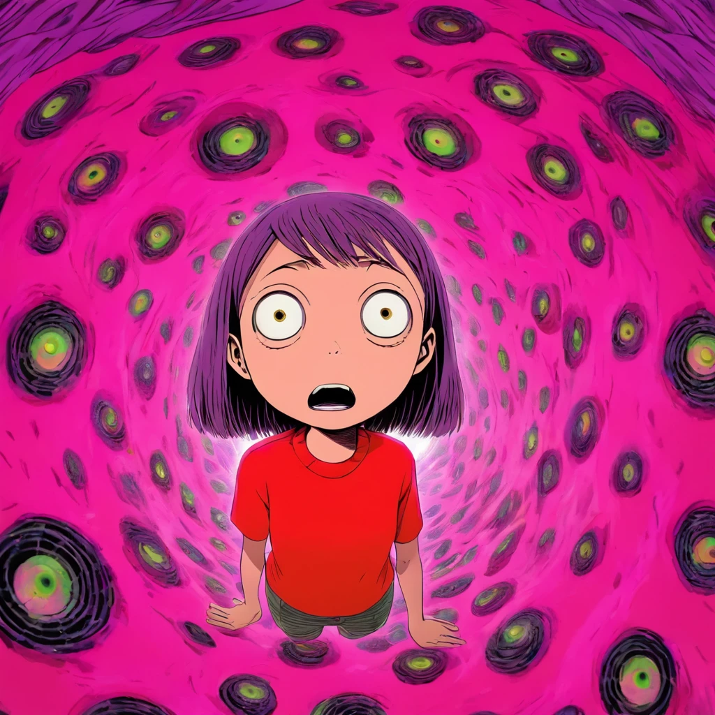 MASTERPIECE a woman in a red shirt standing inside of a purple hole, junji ito's uzumaki, junji ito artwork, subtle junji ito, ito junji art, in style of junji ito, art style of junji ito, junji ito style, vertigo comic, style of satoshi kon, junji ito undertones, by Junji Ito