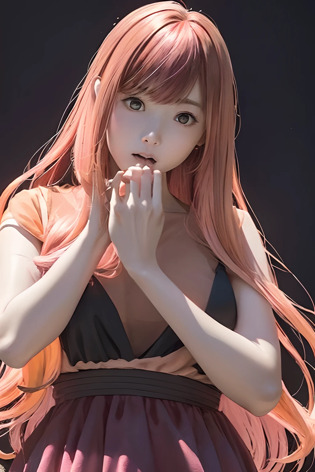 upperbody shot、(((black backgrounds)))、front facing、an oil painting、​masterpiece、top-quality、front facing、hight resolution、(((Peach-colored hair)))、(((pink clothing)))、long、(((Peach-colored dress)))、femele１a person、(((Hands in front of mouth)))、(((Stunned face)))