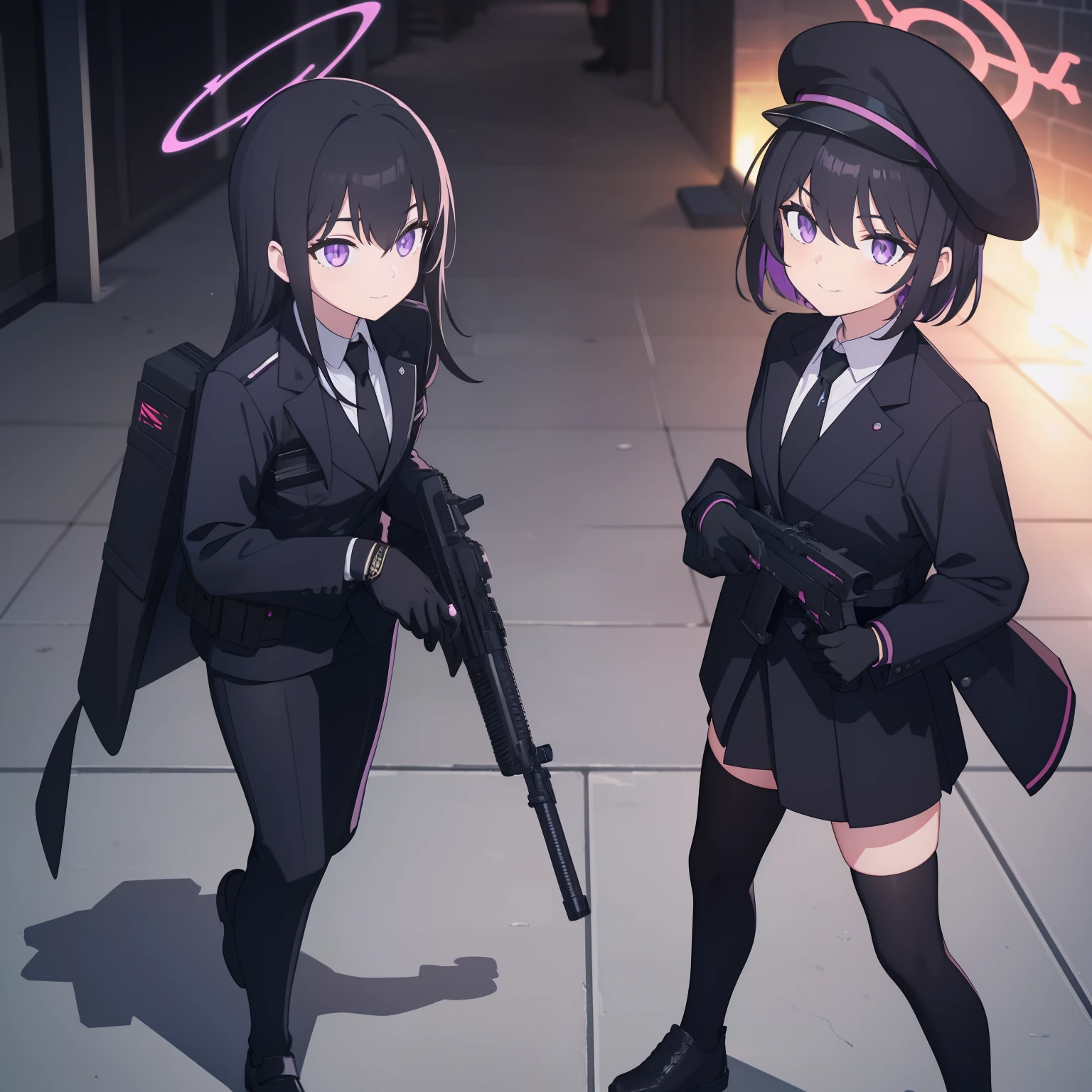 2girls, black hat, tactical black railed headset, purple eyes, focused, black long messy hair, black suit, black tie, white shirt inside suit, black neck collar, black stockings, black shoes, tactical radio, on position, guarding, black handgun holster, white tactical belt, holding a handgun, bullets, stance, holding tactical radio, black skirt, serious, cautious, holding pistol, armed, black Halo, Base 794, Military Base Pointguard, black gloves, tactical vest, armor, armor pads, tactical armor, holsters, short pink hair girl wearing school clothes and smiling