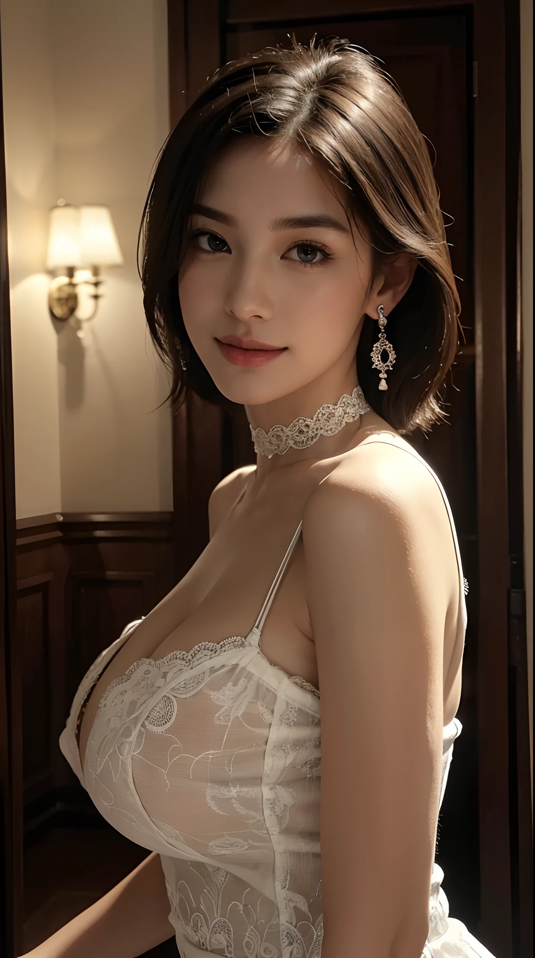 (best quality,4k,8k,highres,masterpiece:1.2),ultra-detailed,(realistic,photorealistic,photo-realistic:1.37),beautiful expressive eyes,long eyelashes,beautiful detailed lips,detailed hair and face,friendly smile,clean and flawless skin,(Very large breasts, big tits, oversized tits),Short hair,(Earrings, lace choker, stylish black dress),Elegant interior,