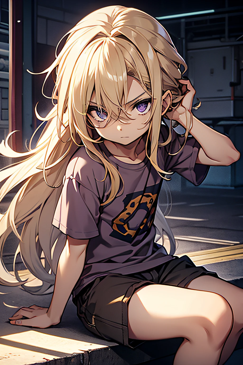 Male, Child, Grey Skin, Long Blonde hair, Purple Eyes, Old Brown t shirt, Grey Shorts