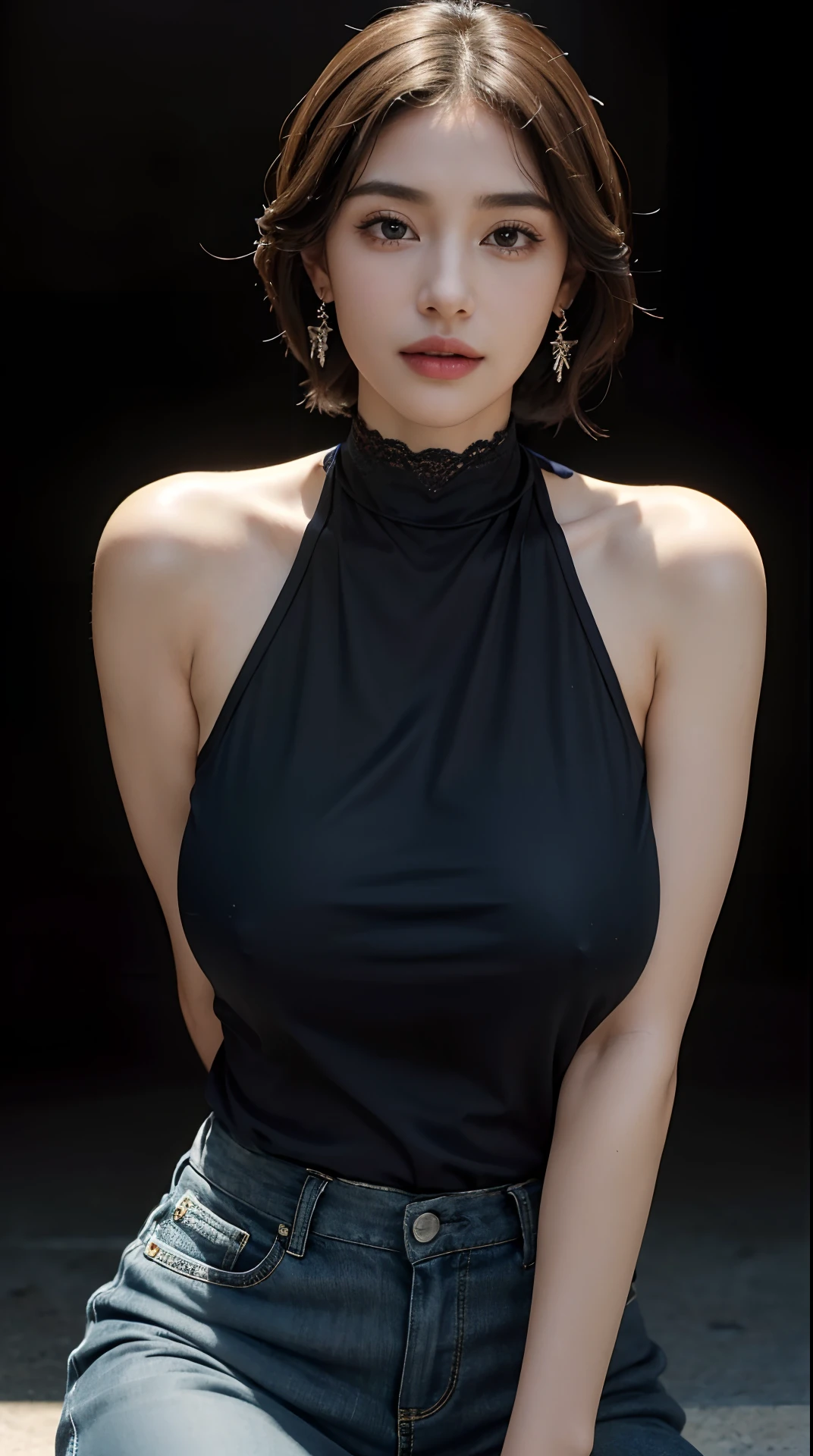 (best quality,4k,8k,highres,masterpiece:1.2),ultra-detailed,(realistic,photorealistic,photo-realistic:1.37),beautiful expressive eyes,long eyelashes,beautiful detailed lips,detailed hair and face,friendly smile,clean and flawless skin,(Very large , big titized tits),Short haiarrings, lace chokers, stylish clothes, two-tone black and indigo),