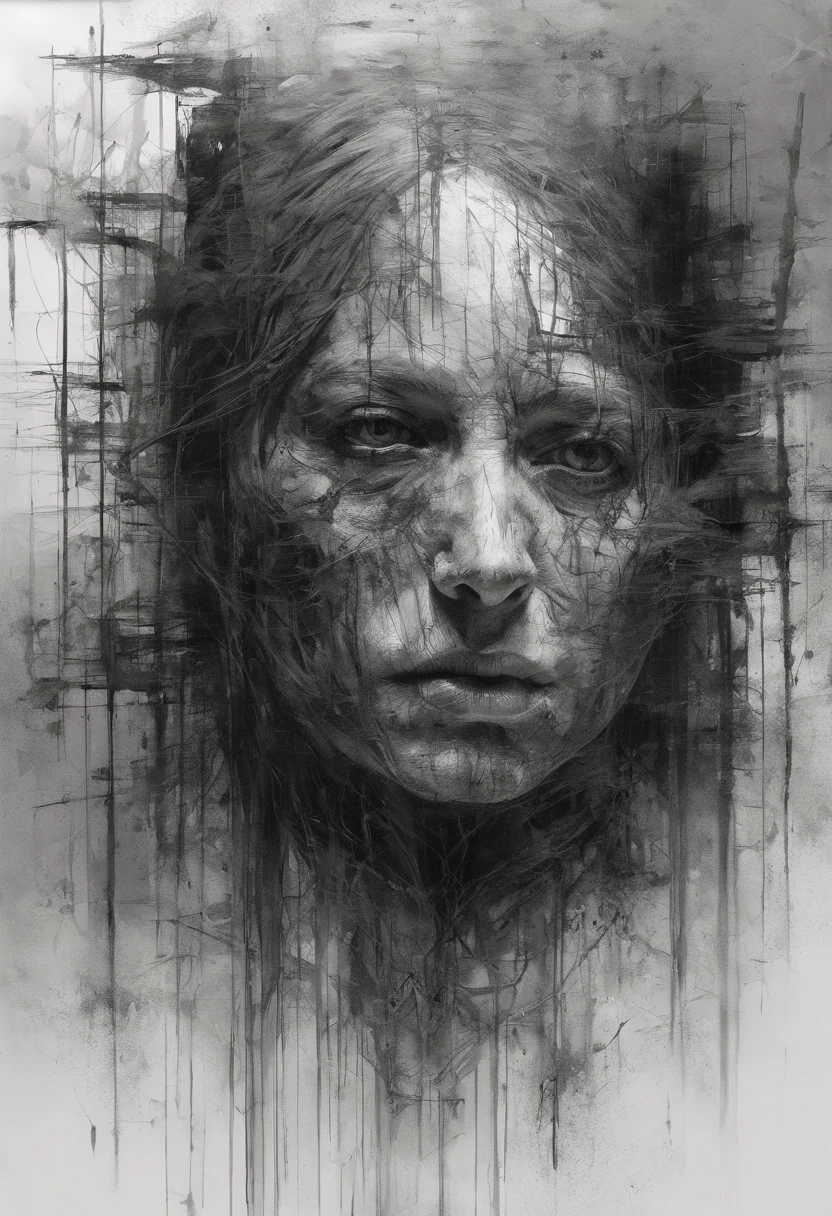 Perfect centralization, coelho (franco)de Donnie, Standing position, beleza abstrata, Centrado, looking at the camera, Facing the camera, nearing perfection, triste, desespero, hands on her head, Dynamic, altamente detalhado, liso, foco nítido, 8k, high-definition resolution, illustration, arte de Carne Griffiths e Wadim Kashin, fundo branco