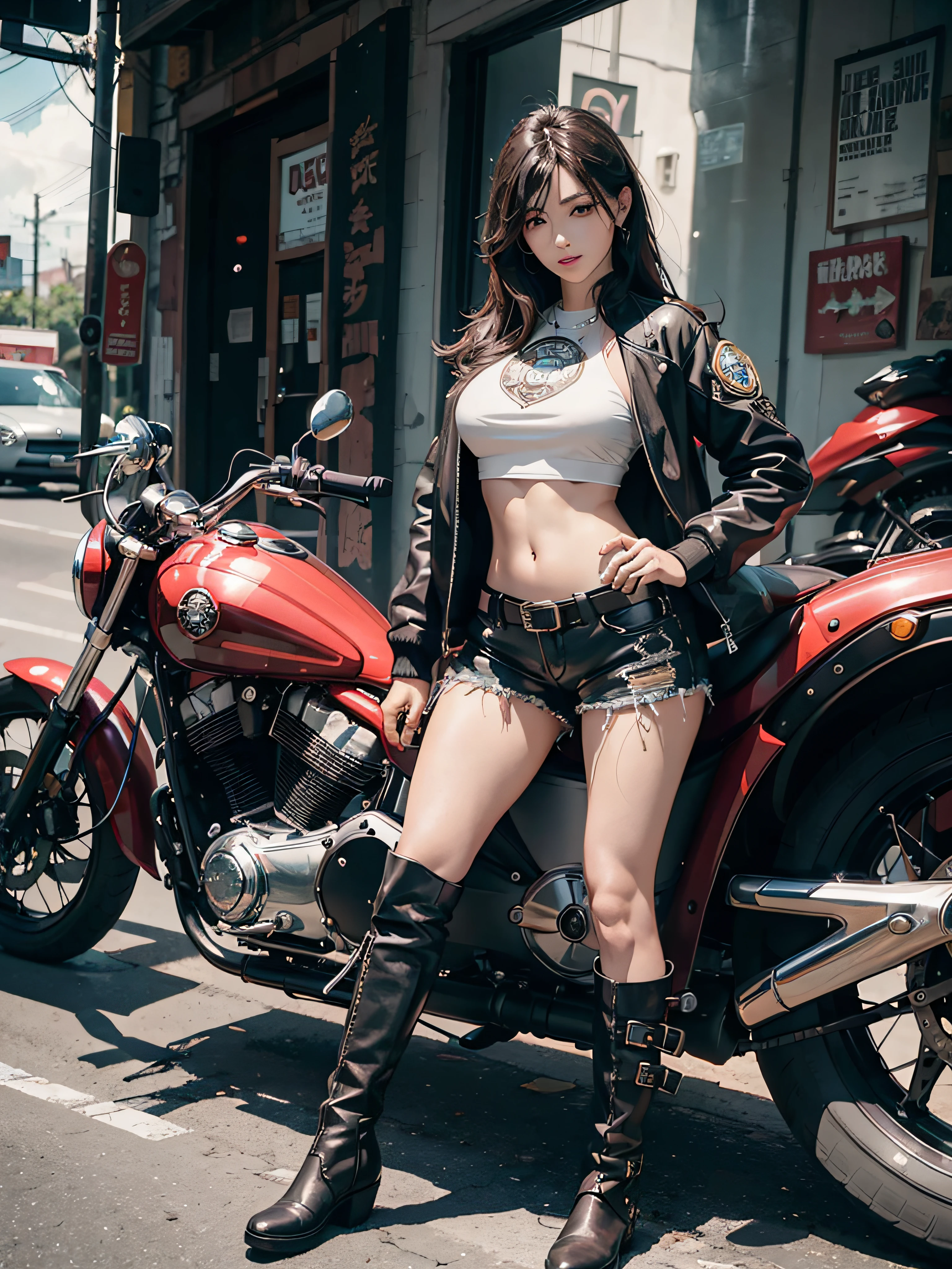 Masterpiece,  Best Quality,  Very Detailed,  8k,  Photorealistic,  soft focus, beautiful detailed eyes,  detailed face,  double eyelid,  1girl,  solo, beautiful skin,  real human skin, beautiful girl, Japanese idol, cute girl,The background is a beautiful coastline at sunset, (crimson leather jacket:1.4),BRAKE (black leather pants:1.4),BRAKE (Underwear is a white lace bra:1.4), (operating a Harley-Davidson BRAKEOUT-117:1.4), Beautiful long hair waving in the wind, beautiful breasts,beautiful cleavage,Full-body,NSFW