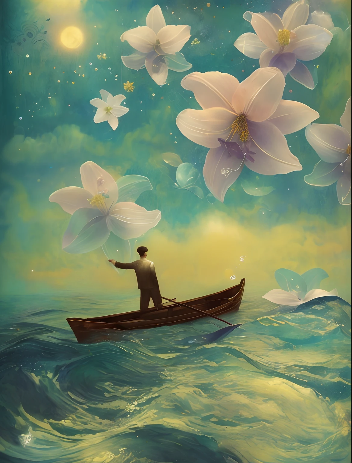 Painting of a man in a boat with flowers floating on the water, Colagem Estilo Joseba Elorza, inspirado em Catrin Welz-Stein, arte sonhadora, floating across the cosmic ocean, Directed by: Catrin Welz-Stein, flutuando entre estrelas, arte caprichosa, colagem surreal, arte de colagem de papel, arte surreal, Surrealismo caprichoso, dreamlike surrealism