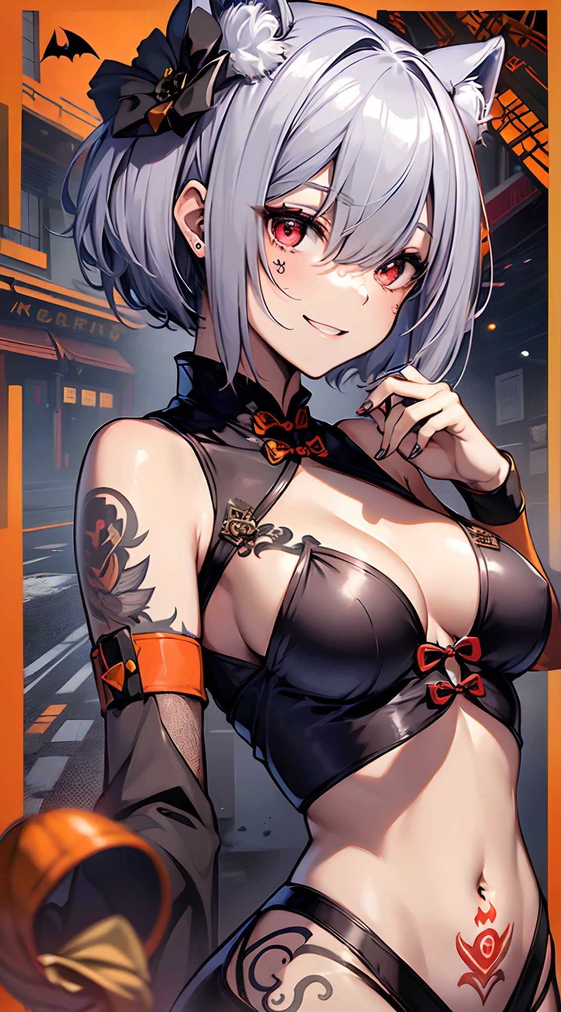 top-quality、Top image quality、in 8K,4K,​masterpiece、(NSFW:1.1)、ultra-detailliert、Beautiful、ultra-quality、adult-like、Cool、girl with(((18year old、Halloween Costumes、Cheongsam 1:3、Bust 78、silber hair、a short bob、Red Eyes、erotick:1.4、Happiness、The tattoo)))、hiquality、visualart、Background with((Halloween 1.3))、masutepiece
