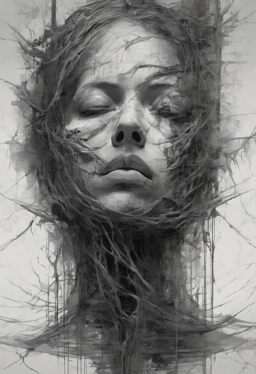 Perfect centralization, coelho (franco)de Donnie, Standing position, beleza abstrata, Centrado, looking at the camera, Facing the camera, nearing perfection, triste, desespero, corpo inteiro, hands on her head, Dynamic, altamente detalhado, liso, foco nítido, 8k, high-definition resolution, illustration, arte de Carne Griffiths e Wadim Kashin, fundo branco