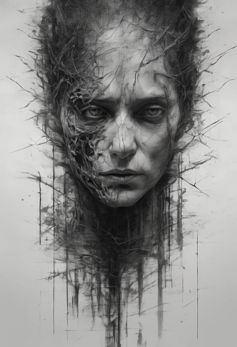 Perfect centralization, coelho (franco)de Donnie, Standing position, beleza abstrata, Centrado, looking at the camera, Facing the camera, nearing perfection, triste, desespero, corpo inteiro, hands on her head, Dynamic, altamente detalhado, liso, foco nítido, 8k, high-definition resolution, illustration, arte de Carne Griffiths e Wadim Kashin, fundo branco