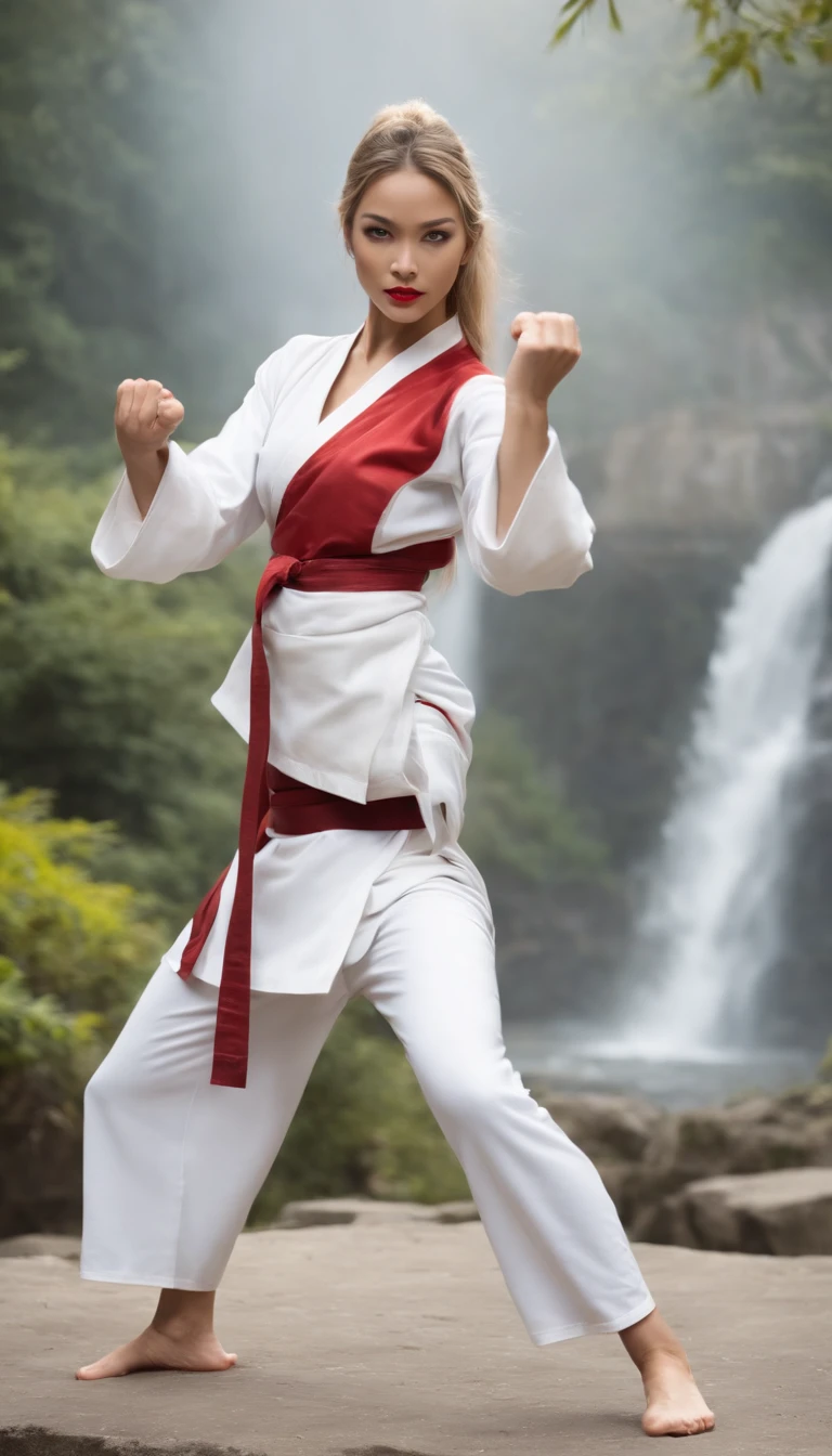 The expression is a smile. Produce a light blonde wirh blue hazel eyes female martial artist costume designed in shades of deep white and black. Give this image a dynamic feeling of fire and wind. Next, add a combat outfit (raw legs or tights) designed to accentuate the lines of the body (mini-skirt or spats) and give it a special touch with metal accents and belts. Further, combine accessories with gold or silver armbands, a cape without a brim and matching rings or earrings. Finally, emphasise the martial artist's strength and charm with sharp eyeliner and a deep red lip. Dynamic poses: adopt poses that show the energy and movement of a martial artist, such as fists thrust forward or raising one leg to replicate the action of a kick. Location: an ancient stone dojo with a thick mist in the air. It is surrounded by old stone statues and bamboo forests, with a cascading waterfall in the background. The place has a mystical and historical atmosphere that complements the martial artist's costume and its dynamism.