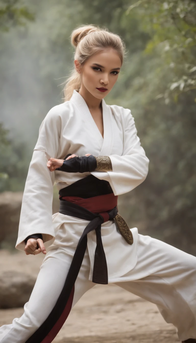 The expression is a smile. Produce a caucasian blonde female martial artist costume designed in shades of white and black. Give this image a dynamic feeling of fire and wind. Next, add a combat outfit (raw legs or tights) designed to accentuate the lines of the body (mini-skirt or spats) and give it a special touch with metal accents and belts. Further, combine accessories with gold or silver armbands, a cape without a brim and matching rings or earrings. Finally, emphasise the martial artist's strength and charm with sharp eyeliner and a deep red lip. Dynamic poses: adopt poses that show the energy and movement of a martial artist, such as fists thrust forward or raising one leg to replicate the action of a kick. Location: an ancient stone dojo with a thick mist in the air. It is surrounded by old stone statues and bamboo forests, with a cascading waterfall in the background. The place has a mystical and historical atmosphere that complements the martial artist's costume and its dynamism.