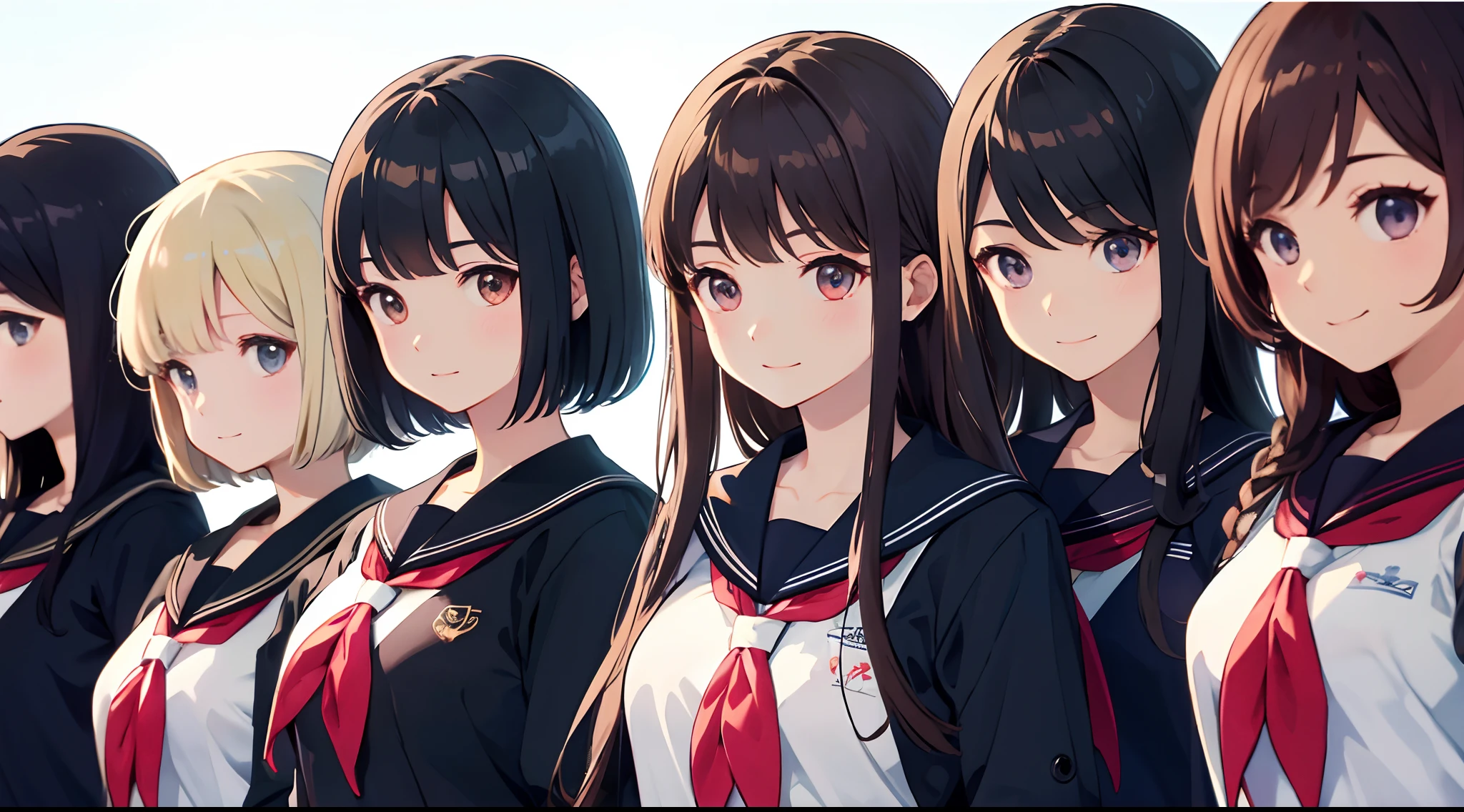 masterpiece、top-quality、detaile、hight resolution、extremely delicate and beautiful、simple background、upper body closeup、beutiful breast、hi-school girl、a sailor suit、校服、student clothes、Smile、multiple female、5 women、4 females、7 Women、