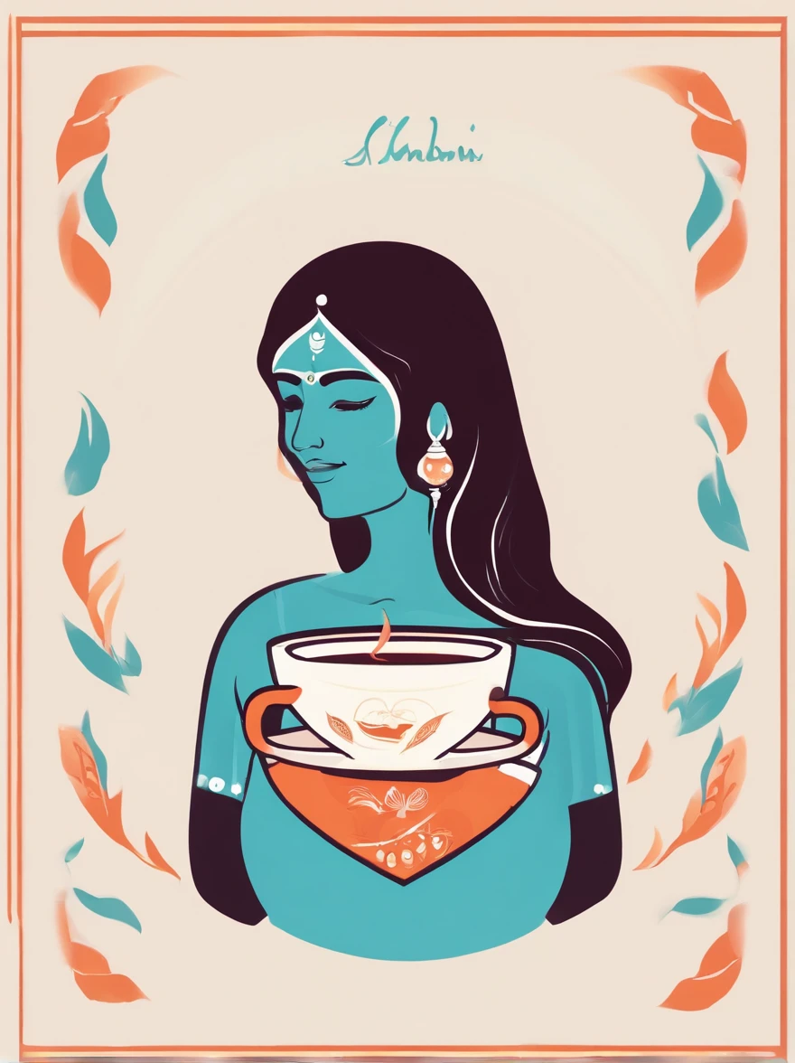 Indian mother, heart and a chai cup cartoon style dual-color illustration for t-shirt front design