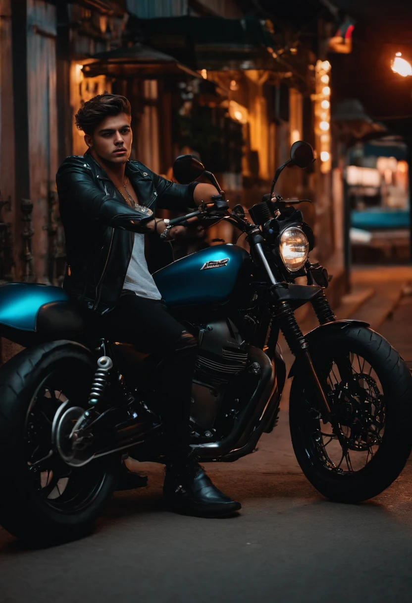 Bad boy de 18 anos, gostoso em sua moto preta na rua de uma cidade grande em frente a um bar