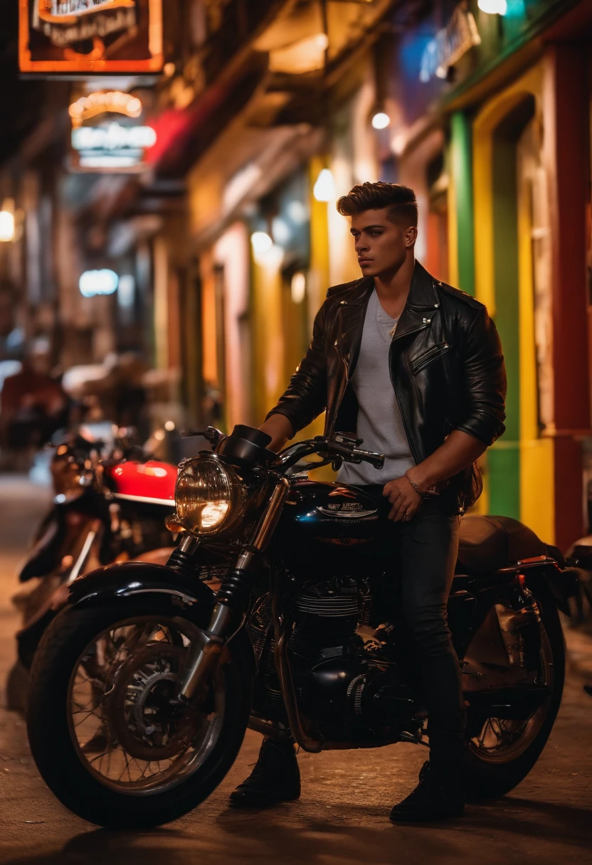 Bad boy de 18 anos, gostoso em sua moto preta na rua de uma cidade grande em frente a um bar