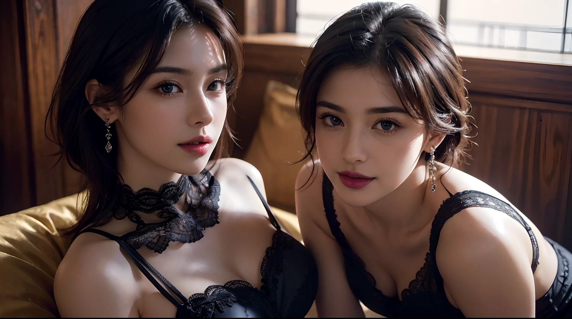 (best quality,4k,8k,highres,masterpiece:1.2),ultra-detailed,(realistic,photorealistic,photo-realistic:1.37),beautiful expressive eyes,long eyelashes,beautiful detailed lips,detailed hair and face,friendly smile,clean and flawless skin,(Very large breasts, big tits, oversized tits),Short hair,(Earrings, lace chokers, stylish clothes, shiny dark purple, black lace),