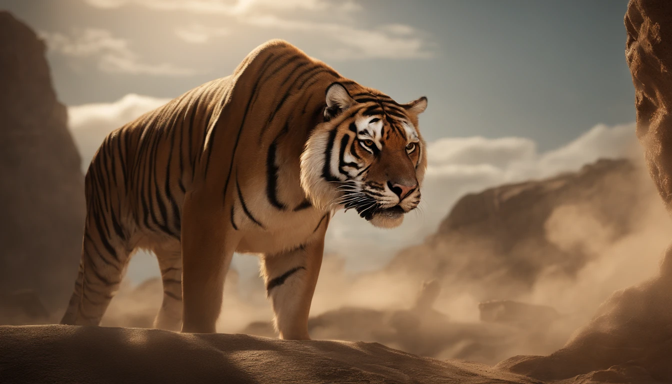 3D animation ,epic arrival of a hybrid chimera combining a tiger, an albatross, and a manta ray ,anatomically realistic ,dramatic lighting and camera angles ,created in Autodesk Maya with V-Ray rendering