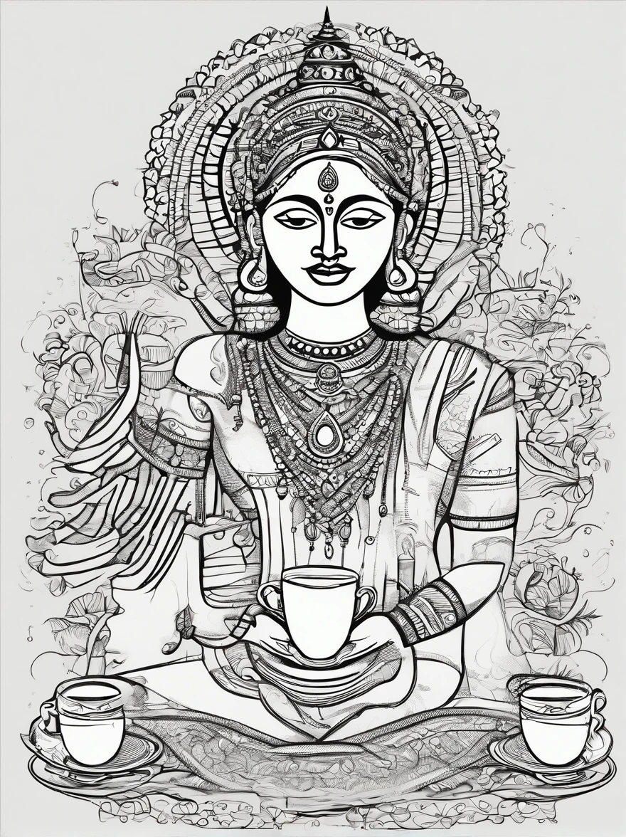 Indian mother, heart and a chai cup cartoon style dual-color illustration for t-shirt front design