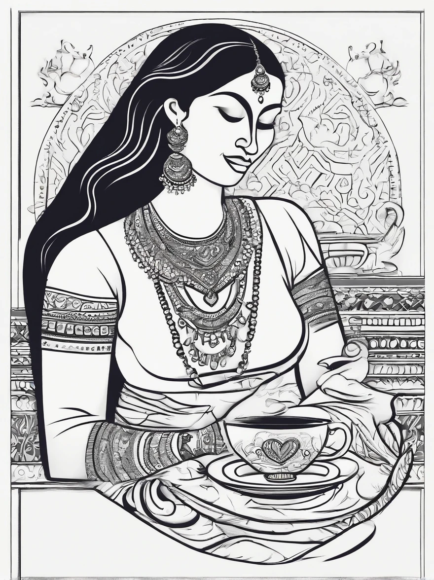 Indian mother, heart and a chai cup cartoon style dual-color illustration for t-shirt front design