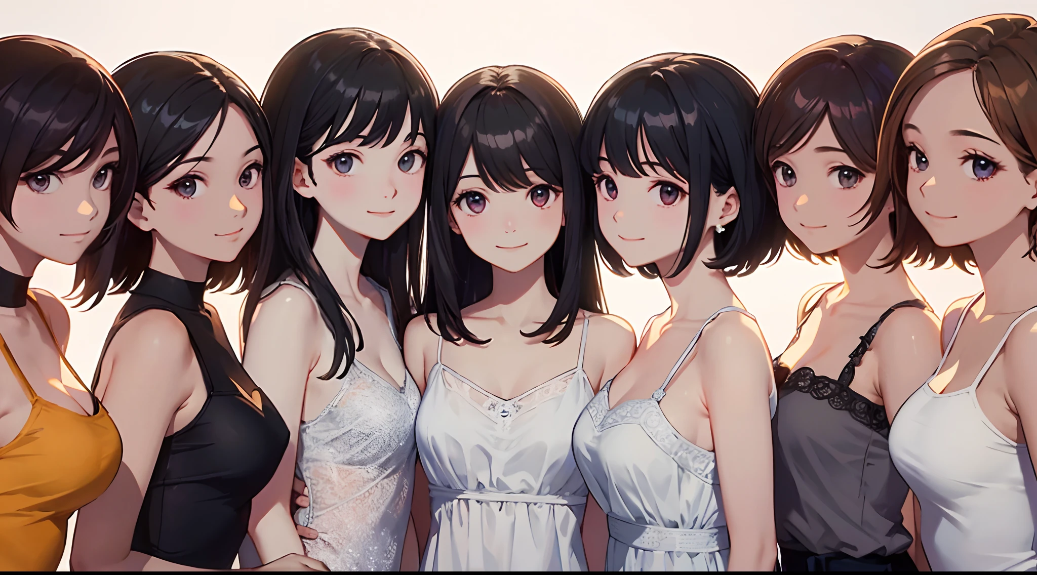 ​masterpiece、top-quality、detaile、hight resolution、extremely delicate and beautiful、simple background、upper body closeup、beutiful breast、Camisole dress、Smile、multiple female、5 women、4 females、7 Women、