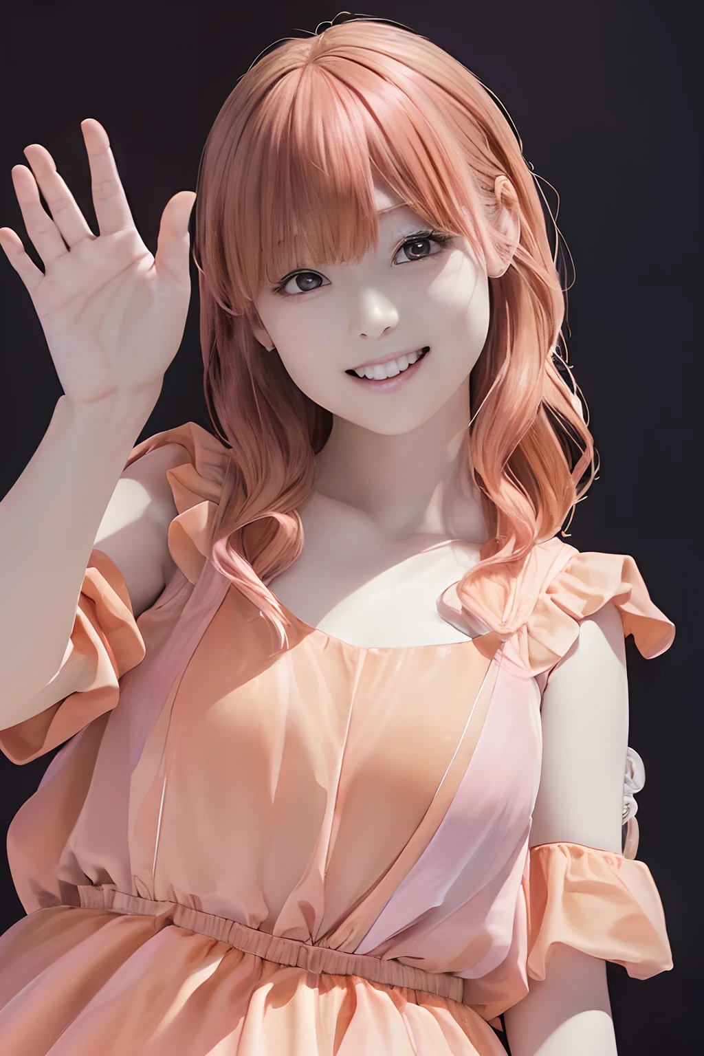 upperbody shot、(((black backgrounds)))、front facing、an oil painting、​masterpiece、top-quality、front facing、hight resolution、(((Peach-colored hair)))、(((pink clothing)))、long、(((Peach-colored dress)))、femele１a person、(((Mouth open)))、Laughing、(((Wave your hands in front of your chest)))