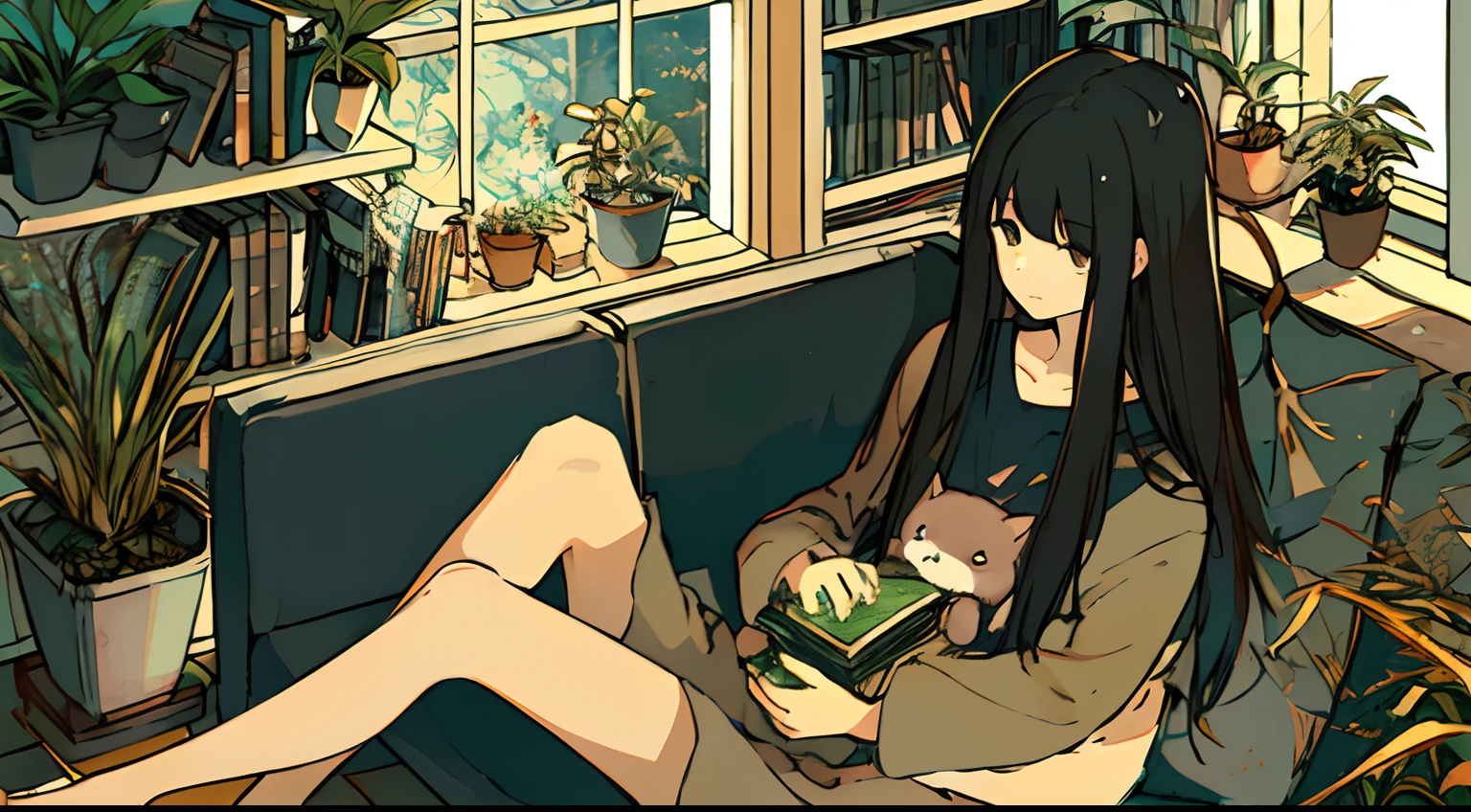 a girls, from above, plant, black hair, cat, lying, indoors, holding, long sleeves, long hair, stuffed toy, potted plant, book, food, window, phone, loaded interior, television, short hair, on back, stuffed animal, bangs, slippers, barefoot, sitting, bookshelf, shelf, cable, computer