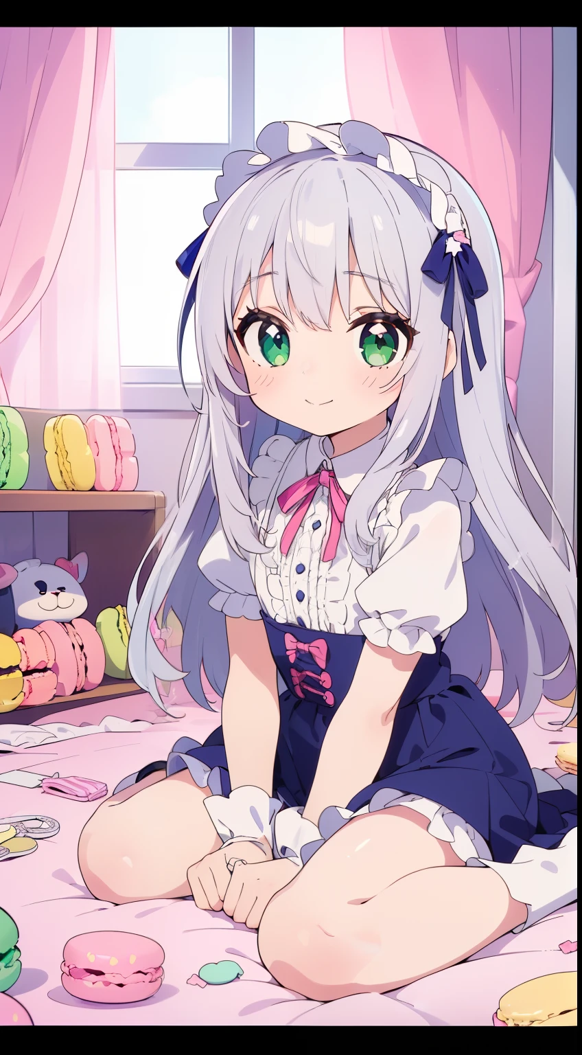((((masterpiece)))), high quality,very_high_resolution,full color, 1 girl, (silver hair:1.5), green eyes, smile,happy,(baby face:1.5),long hair, frilled hairband, mini skirt, holding stuffed toy,(( pink kawaii room )),,((pink gothic room)),(((messy room, Marchen ,sitting,wariza,macarons,Candy,heart item,ribbon,star item, small window))),((Miscellaneous goods are placed in a mess:1.5)),dresser,lolita fashion,antimacassar ,