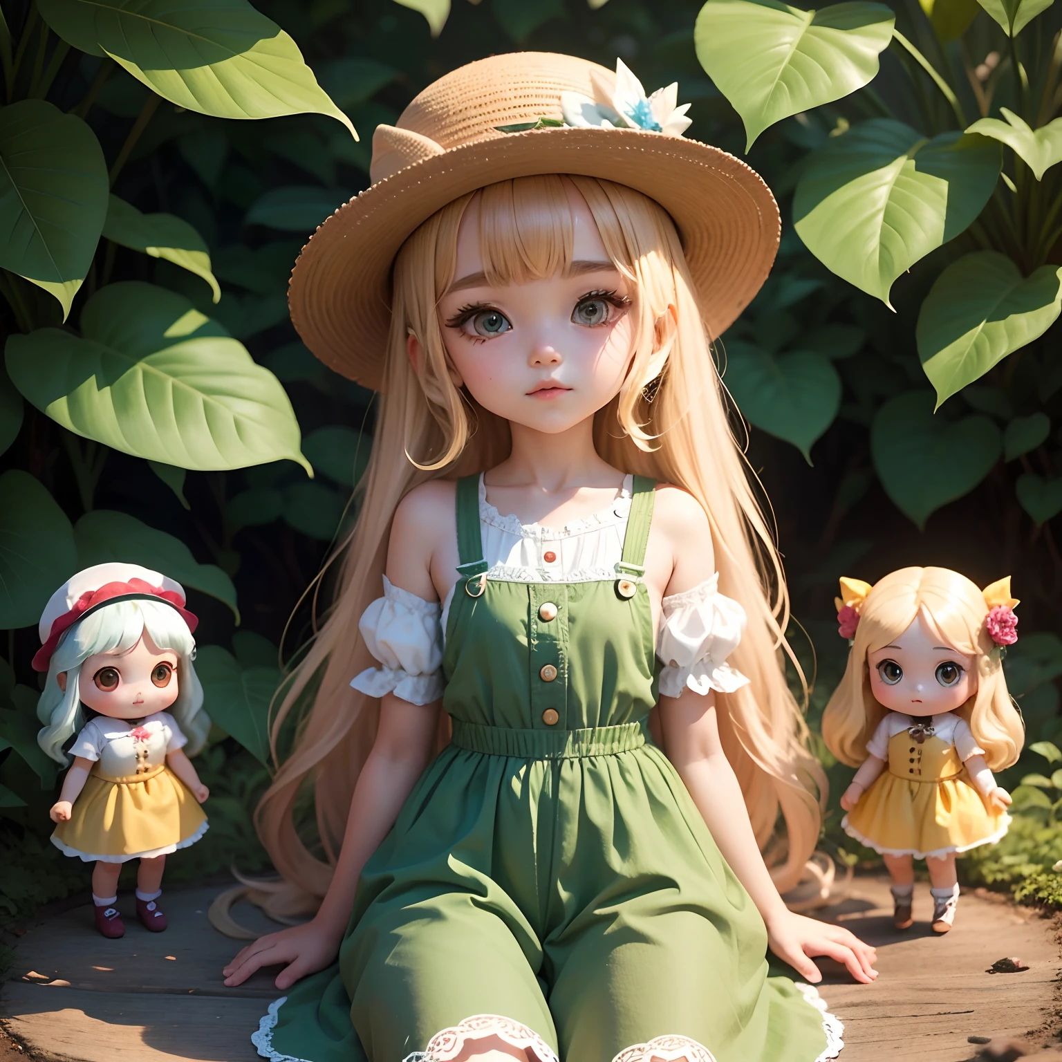 Create a series of cute  chibi style loliolls with a cute forest theme, sorridente e fofa, each with lots of detail and in an 8K resolution. All dolls should follow the same solid background pattern and be complete in the image, mostrando o (corpo inteiro, incluindo as pernas: 1.5)

Boneca fada: Chame-a de Bella. Ela deve ter cabelo longo e cacheado em tons moreno e preto. Seus olhos devem ser grandes e brilhantes, with long eyelashes and rosy cheeks. Bella should be dressed in a country-style jumpsuit, delicado, florido e detalhado. She should wear a hat and no accessories on her hands, deixando elas sem nada. Don't forget the details, com detalhes coloridos e enfeites encantadores, sapato bonito

Certifique-se de adicionar sombras, texturas e detalhes nos cabelos, roupas de cada boneca, to make them even more adorable and charming.