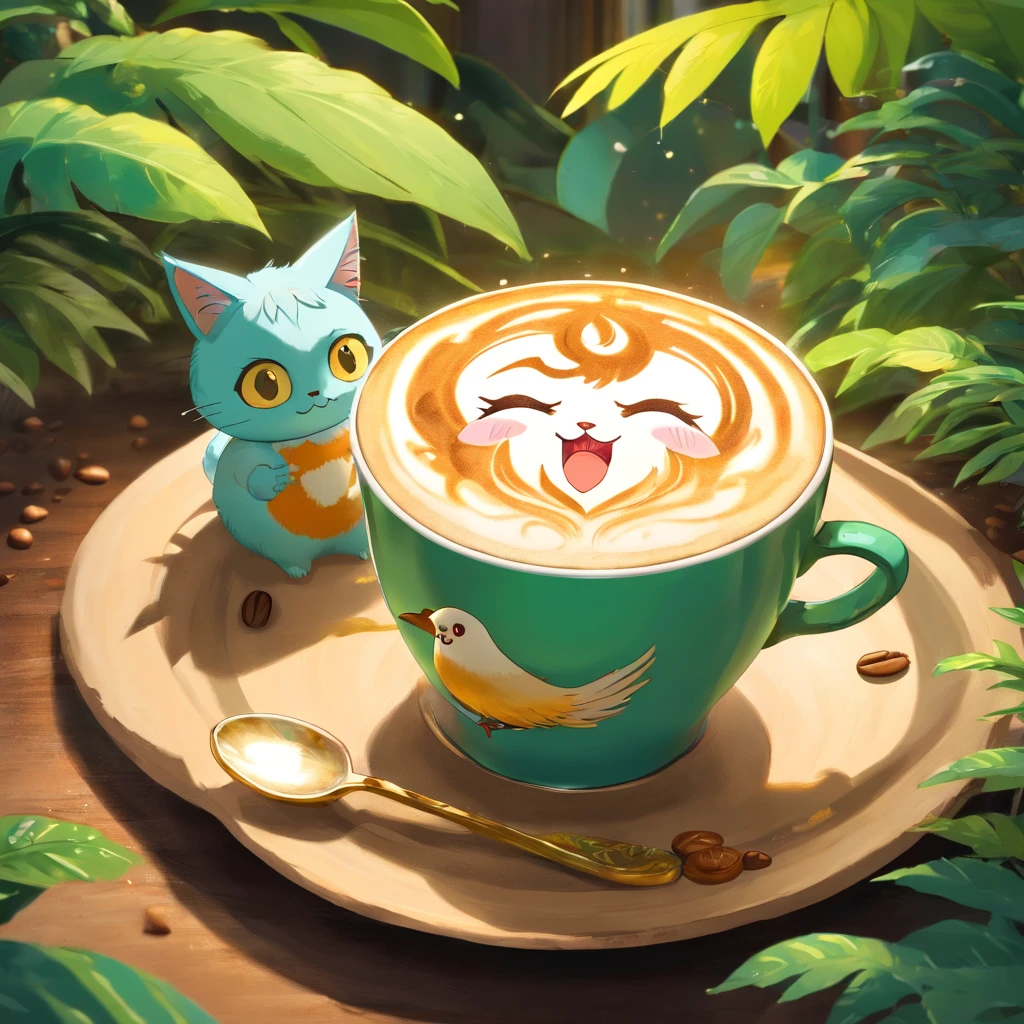 Coffee contains artistic coffee latte art, In the style of an ethereal figure, Orient - Inspiration, Avocado punk, sculptures, Kubisiato, Birds - Theme, Carrie Maywemis,Chibi,Gothloli cat