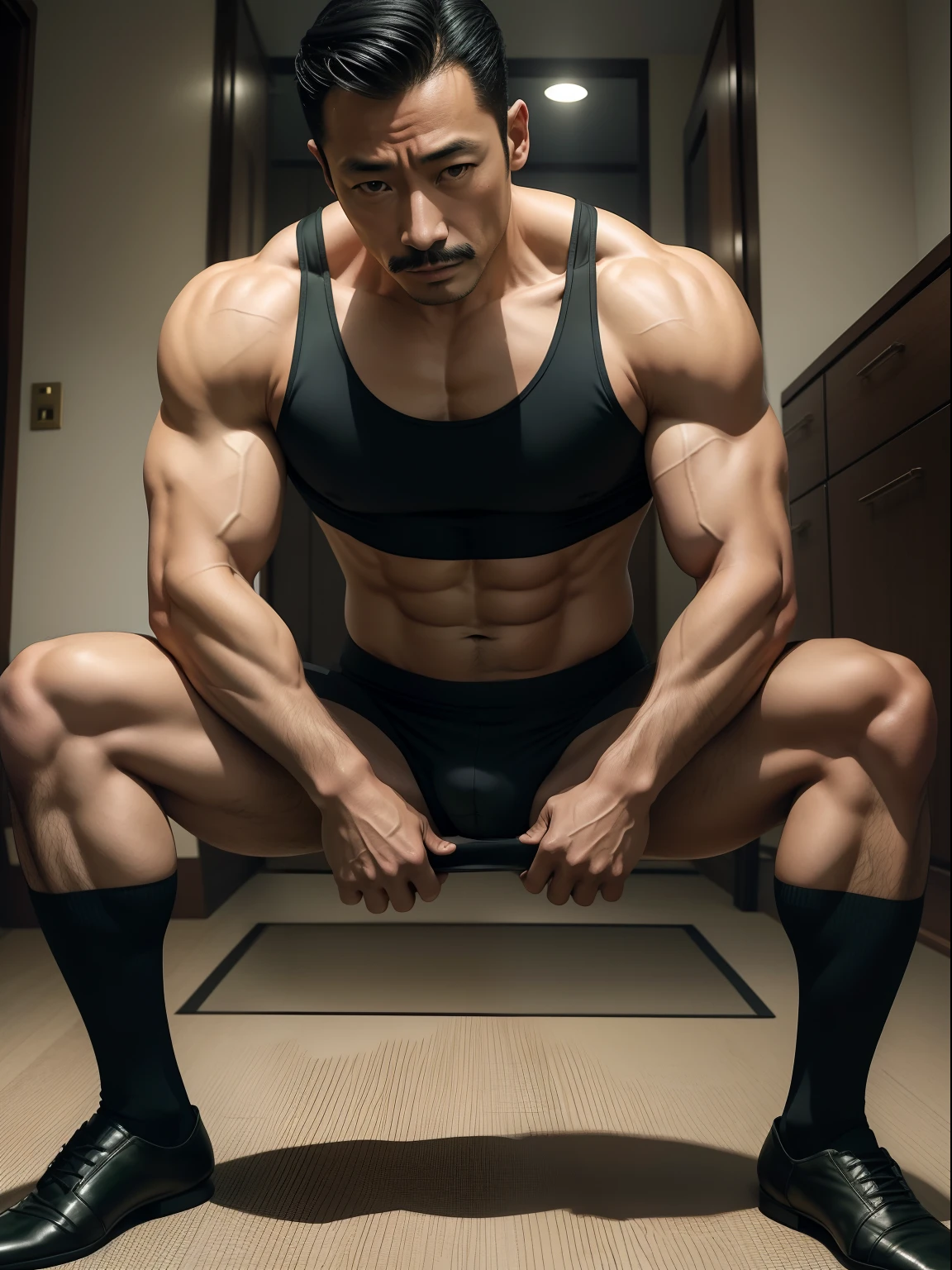 45 yers old,Hidetoshi Nakata ,(Kogoro Mouri 1.3),浴室,A muscular man sitting,Raised butt,leg wide open,Crotch contour,wearing an sexy underwear,with mustache,tmasterpiece,k hd,the feet,Sport Tank Top,semi transparent,black long socks,The barefoot,Thick chest hair,dark-skin,green color