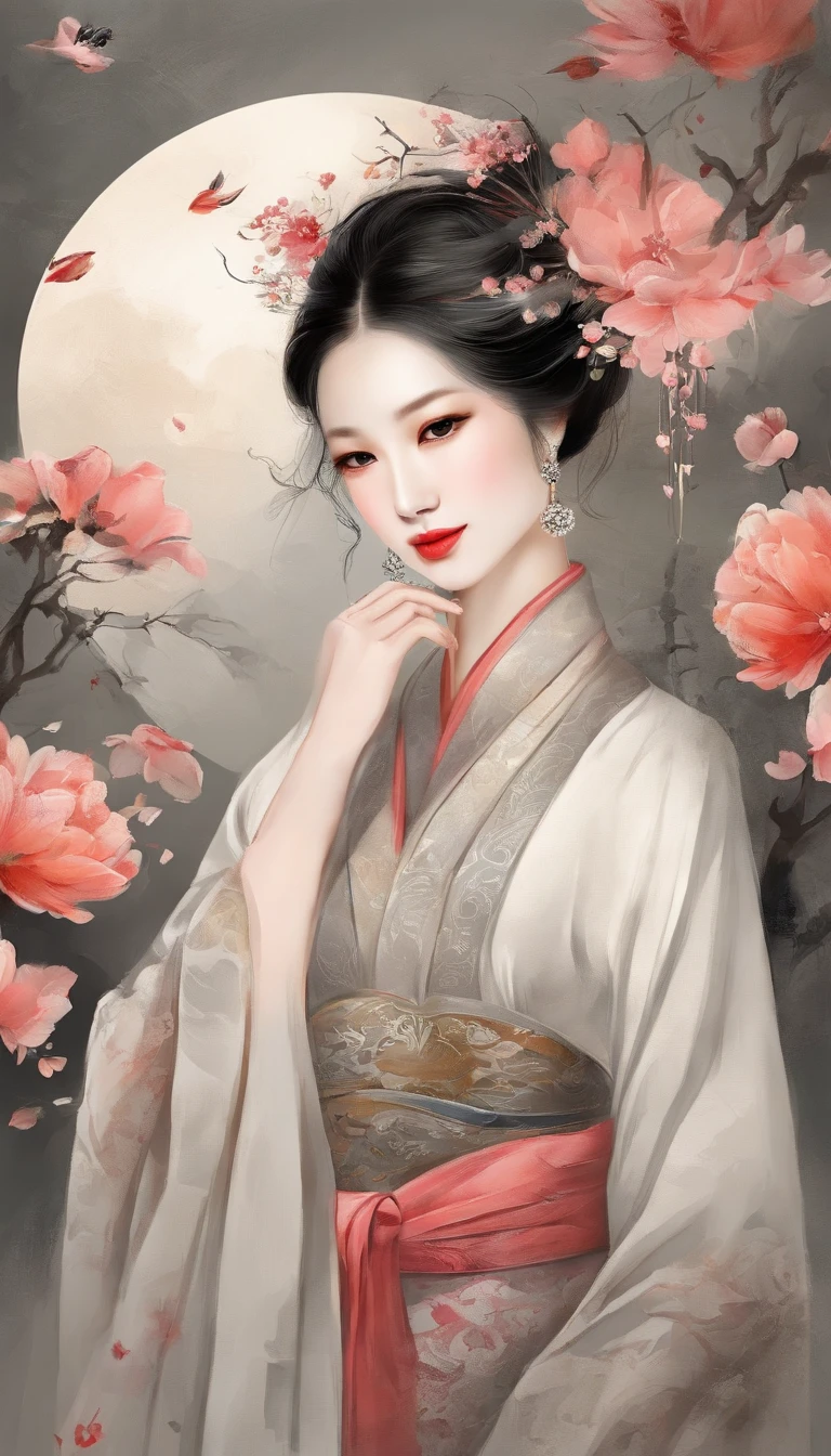 Yoon wants to wear clothes and flowers to look good，The spring breeze blows through Revlon。If it weren't for Oxan, See you round，You will meet Yao Tai Moon.。Beautiful concubines in ancient China, Yang Yuhuan，han，graceful，Shallow shy smile,（Black eyes），Holding a peony flower，（Very detailed and perfect facial depictions）,(Black coil head）,（Half-body appearance），Silk fabric, (Long sleeve floating), I'm dancing,Happiness is light,White kitten， (There is a bright full moon in the distant sky:1.2),（Surrounded by flowers:1.2), vibrant colours,Autumn shades，moonlit night，（Light and shadow effects）,（vibrant colours）,（Color splatter）,（Obvious layers）,（ink painting style:1.2）,（Photographic Awards）,（8k wallpaper）,（Masterpiece）,（best qualtiy）,a photo of,realisticlying