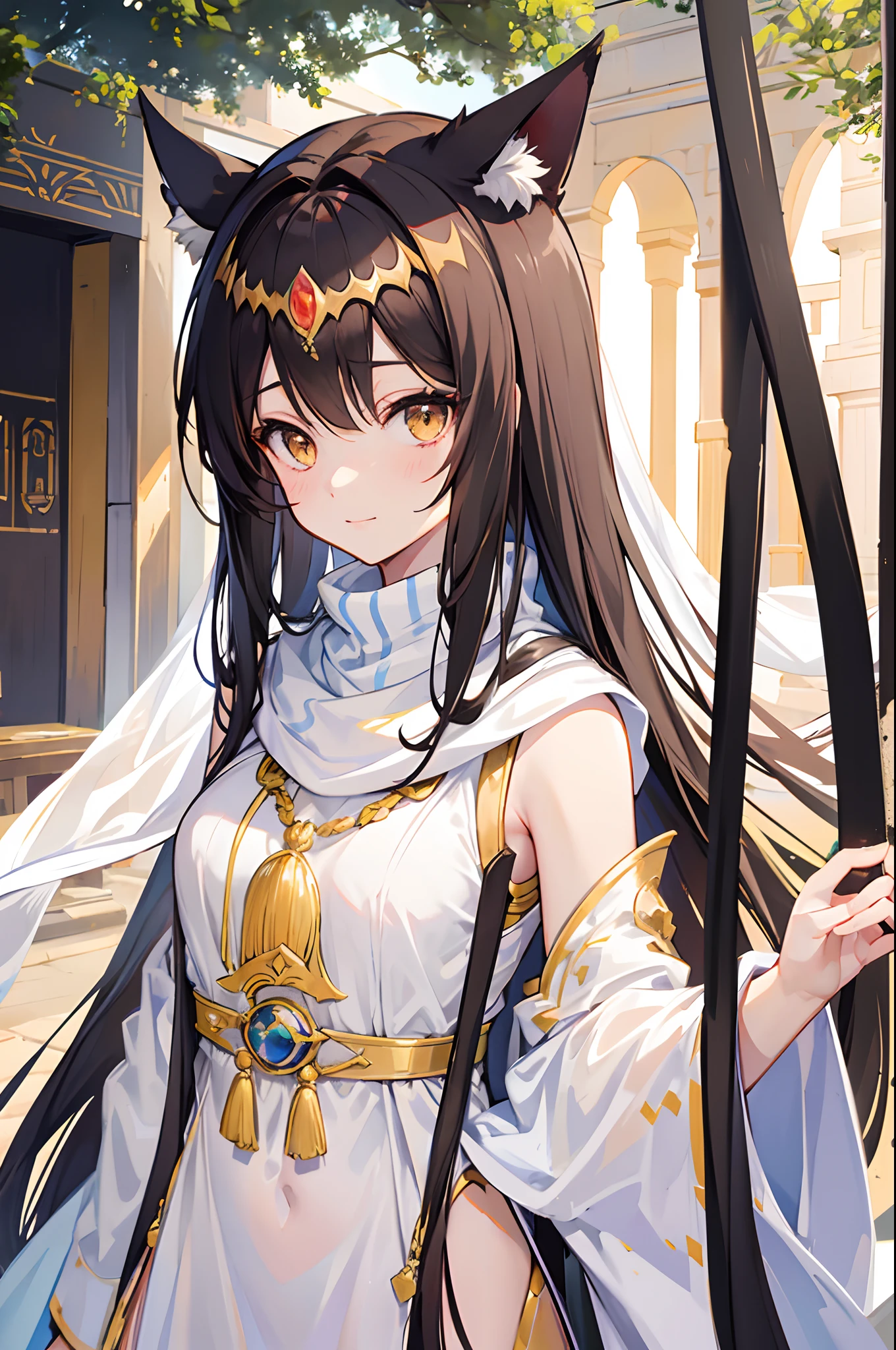 masterpiece, highlydetailed, ultra-detailed, solo, (1girl), (light skin), white eyes, long hair, dark brown hair, black cat tail, white cat ears, Anubis girl, small boobs, (Arabian background), (desert), (Arabian clothes), (warm smile), (veil), (shawl), (headpiece), (jewelry), (princess), polite, (14 y.o), short, young, priestess, shy, tample