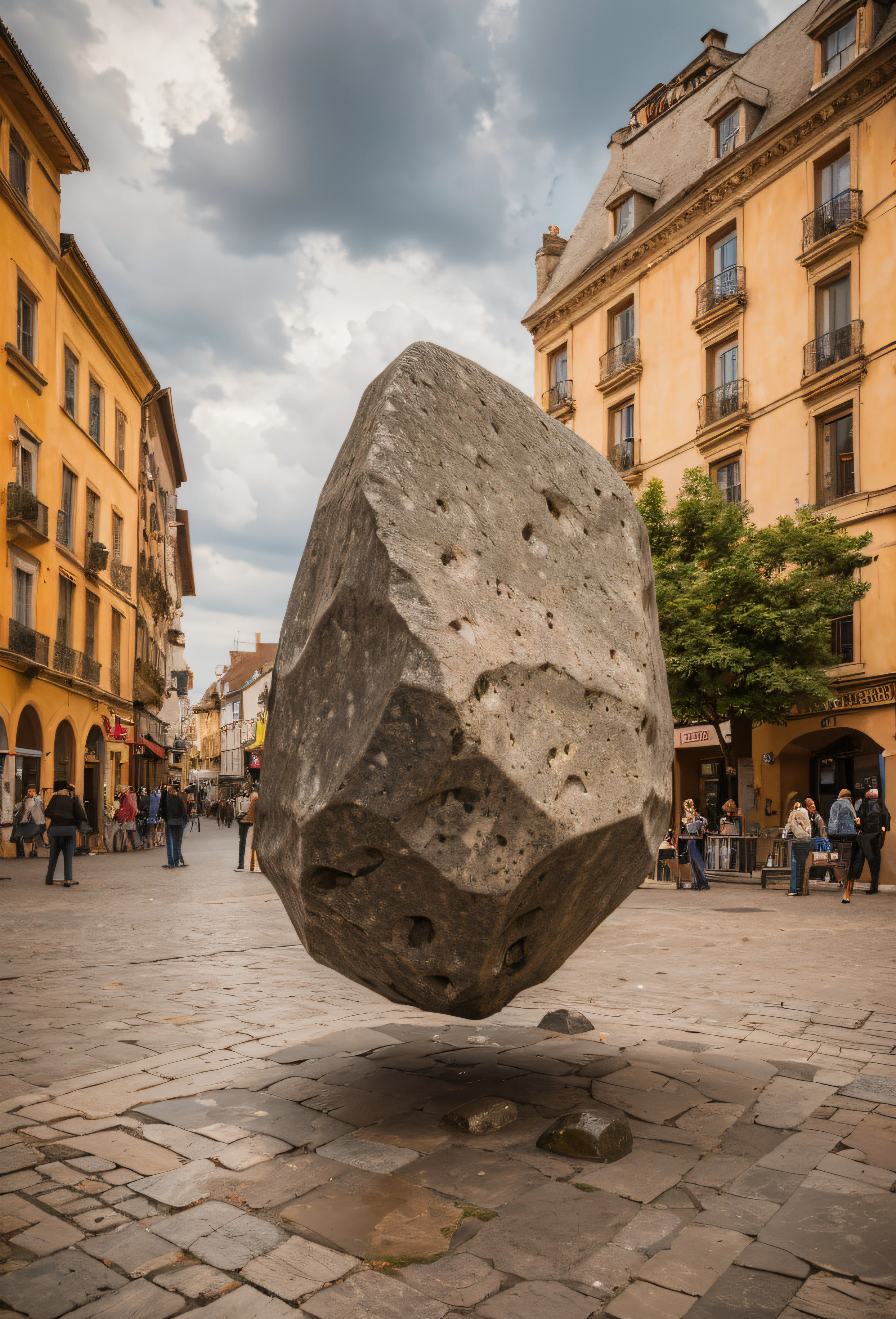 (highest quality, high resolution, masterpiece, photography), A large alien stone monolith levitating in the middle of a town center, (levitating rock:1.4), one monolith