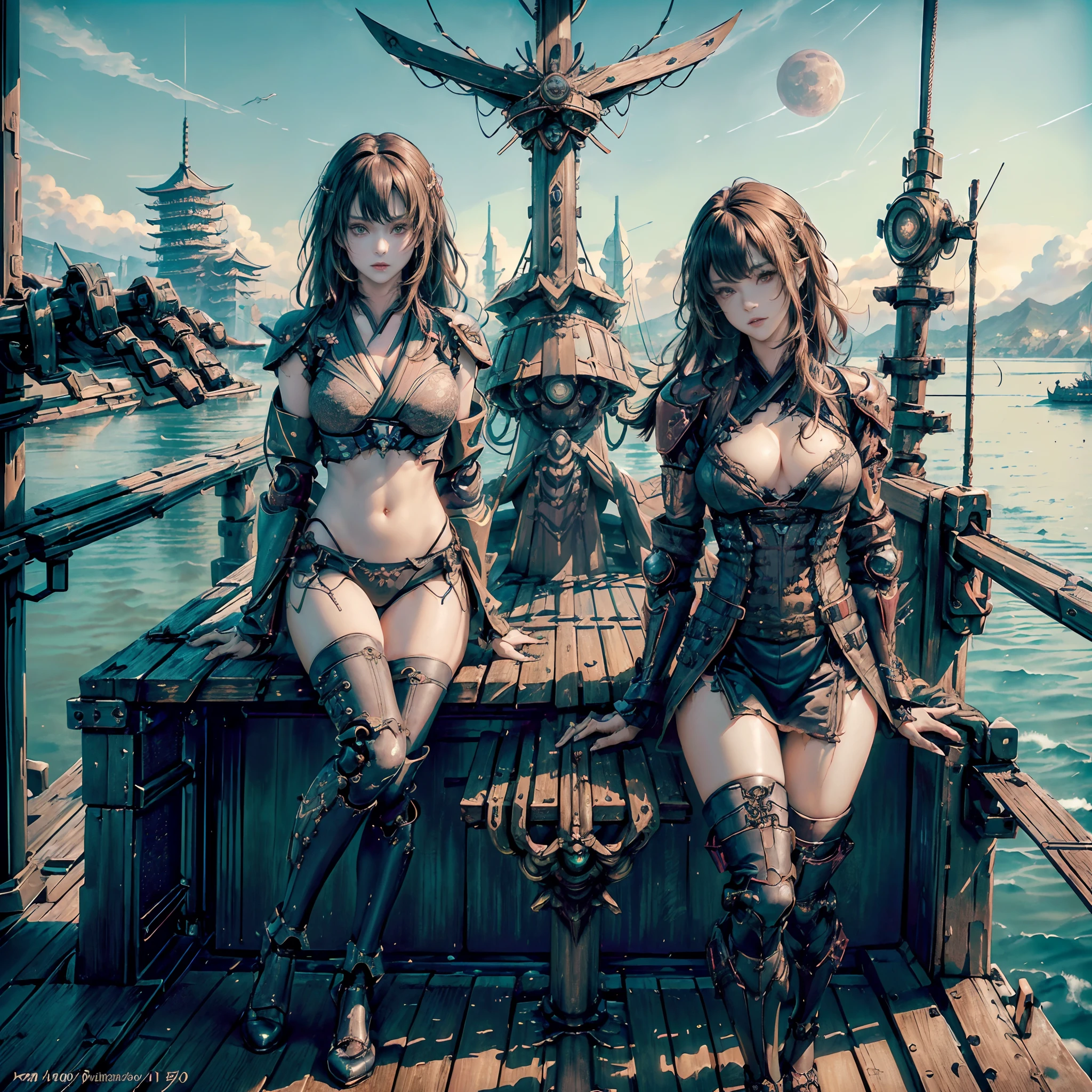 Cinematic lighting,super detailed skin、Beautiful detailed eyes、Best Quality,cyberpunked,(Alternative、dim colors, Soothing tones:1.3),(Girl On The Boat:1.5)、NSFW(1beautiful woman、A dark-haired、Brown hair、Detailed beautiful facial features:1.3)(Kimono with leathery Japan、well-shaped breasts、Arms and legs are mechanical、Ripped clothes:1.5).(Japanese-style mechanical ship、Noah's Ark、In the sky:1.4)(There is a girl ahead、Sit up、Holding Katana in your hands:1.4)(pov from down、The upper part of the body:1.8)Predawn sky、Destroyed city、(Mechanical Moon:1.2)