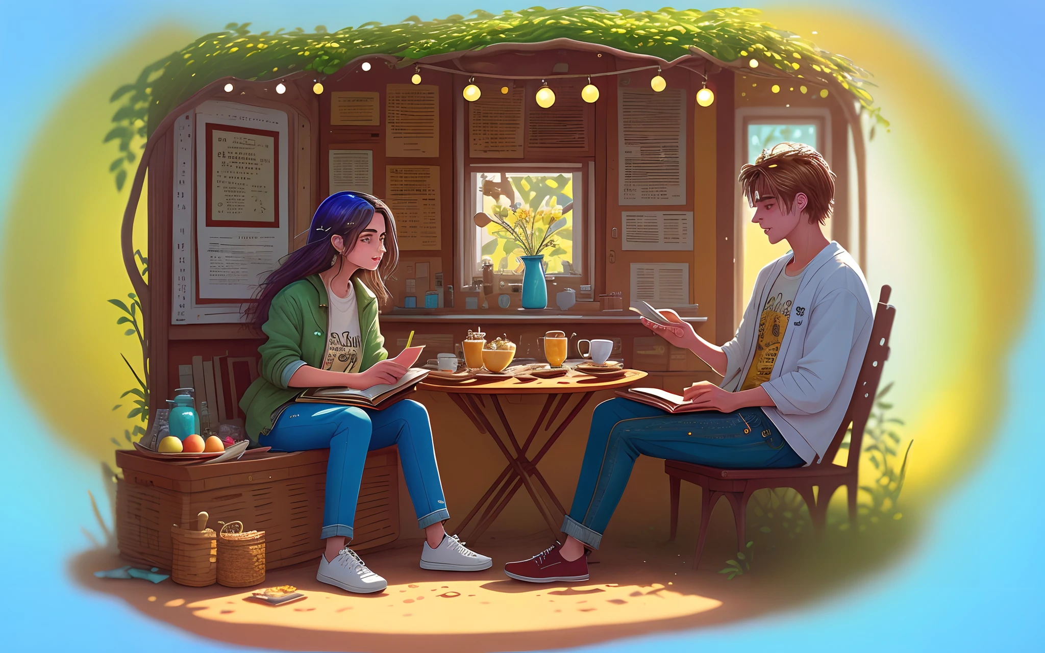 uma garota encantadora de dez anos, with a captivating presence. conversar com seu amigo um esperto inteligente de 15 anos de idade. Friends chat while reading a book and eating apple pie at a picnic. (mess-house: 0.8), (obra-prima: 1.2) (realista: 1.2) (Bokeh) (melhor qualidade) (pele detalhada: 1.3) (detalhes intrincados) (8k) (olhos de detalhe) (foco nítido), (Infeliz) Tina tem um sorriso contagiante e covinhas que aparecem quando ela se diverte. Their skin is smooth and has a golden tone, lembrando o brilho do sol poente. John, your friend, has light freckles on his face, that give it an additional charm. His favorite outfit is a worn-out denim jacket, combined with a colorful t-shirt emblazoned with constellation designs. Tina and John wear comfortable pants, Perfect for your outdoor adventures while always wearing sturdy sneakers, prontos para explorar o mundo e descobrir novas maravilhas.