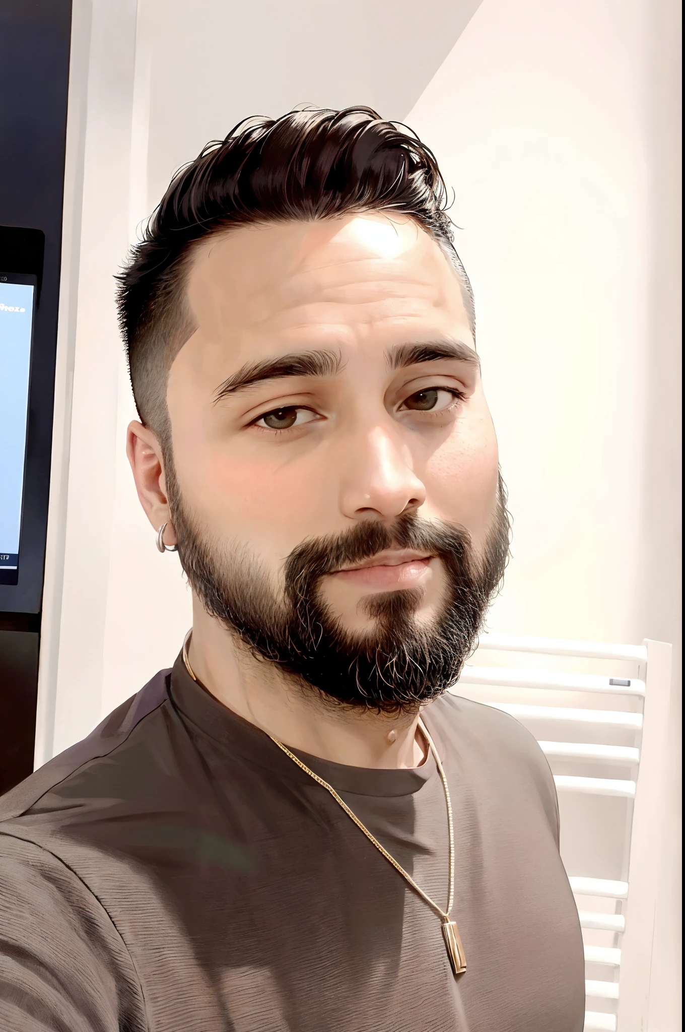 There is a man with a beard and a necklace standing in front of a television, Article Reddit, Porter du spiky, Publication Facebook, Publication Instagram, avec une petite barbe, environ 3 5 ans, Khyzyl Saleem, Johnatan Wayshak, avec une barbe et une chemise noire, 3 2 ans, Photographie selfie 8k