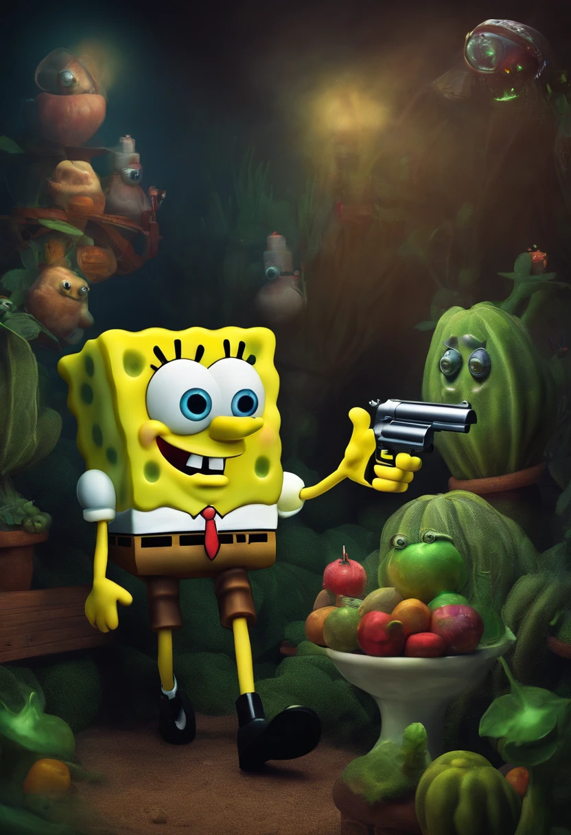 Make a scary SpongeBob with a gun and several clones