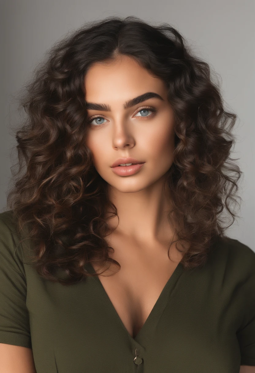 there is a woman in a green top holding a red polka dot pillow, curly middle part haircut, no makeup wavy hair, she has olive brown skin, portrait sophie mudd, with stunning green eyes, big bold thick eyebrows, her black hair is a long curly, with parted lips and stunning, with bright blue eyes, curly and short top hair, without makeup, Realistic