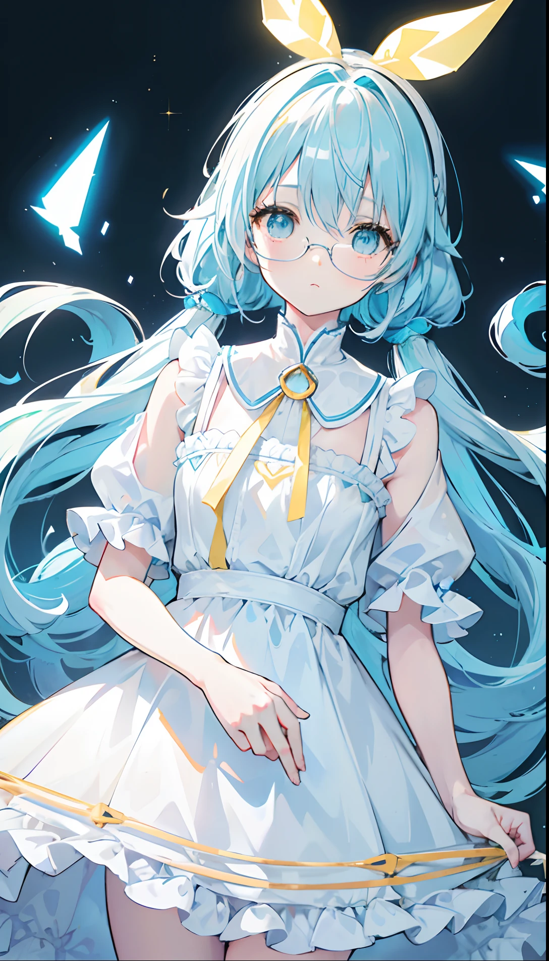 Long light blue hair,White glasses,Various light blue with light yellow princess dresses look a little intellectual and cute, Poor and simple yellowish pigtail,Glowing,black-frame glasses,Various light yellowish white with light golden yellow dresses look a little cute,The eyes are a brilliant golden yellow,Fluorescent,Poor milk and simple,There is fluorescence on the whole