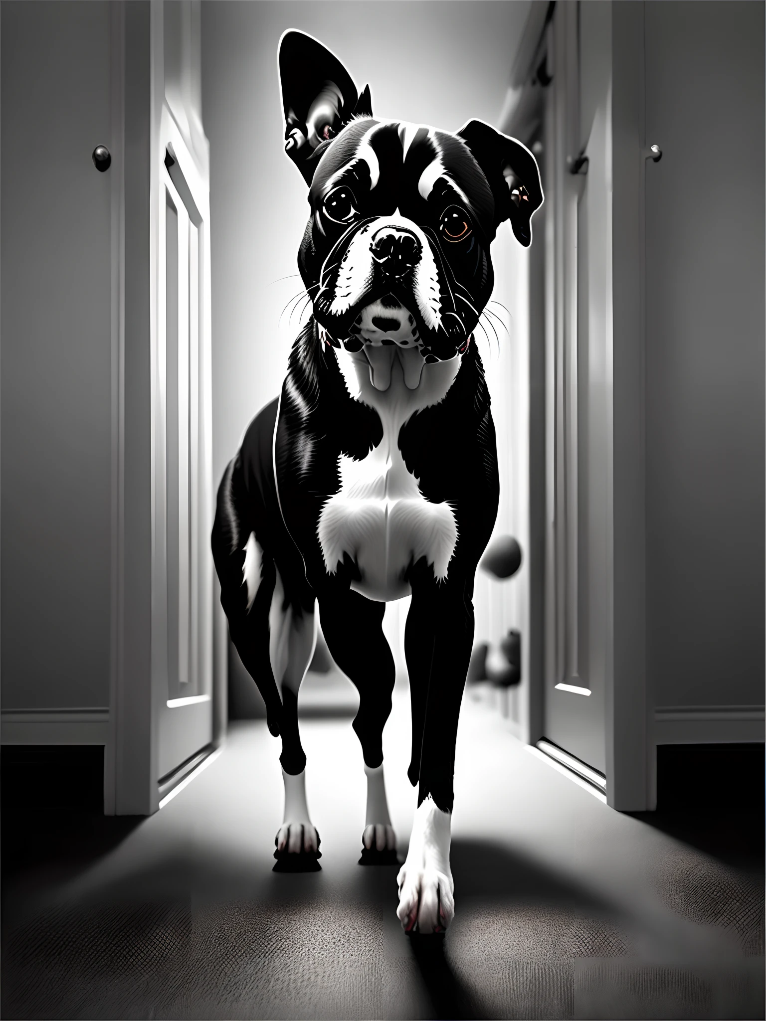A black and white Boston terrier standing on two feet with big muscles