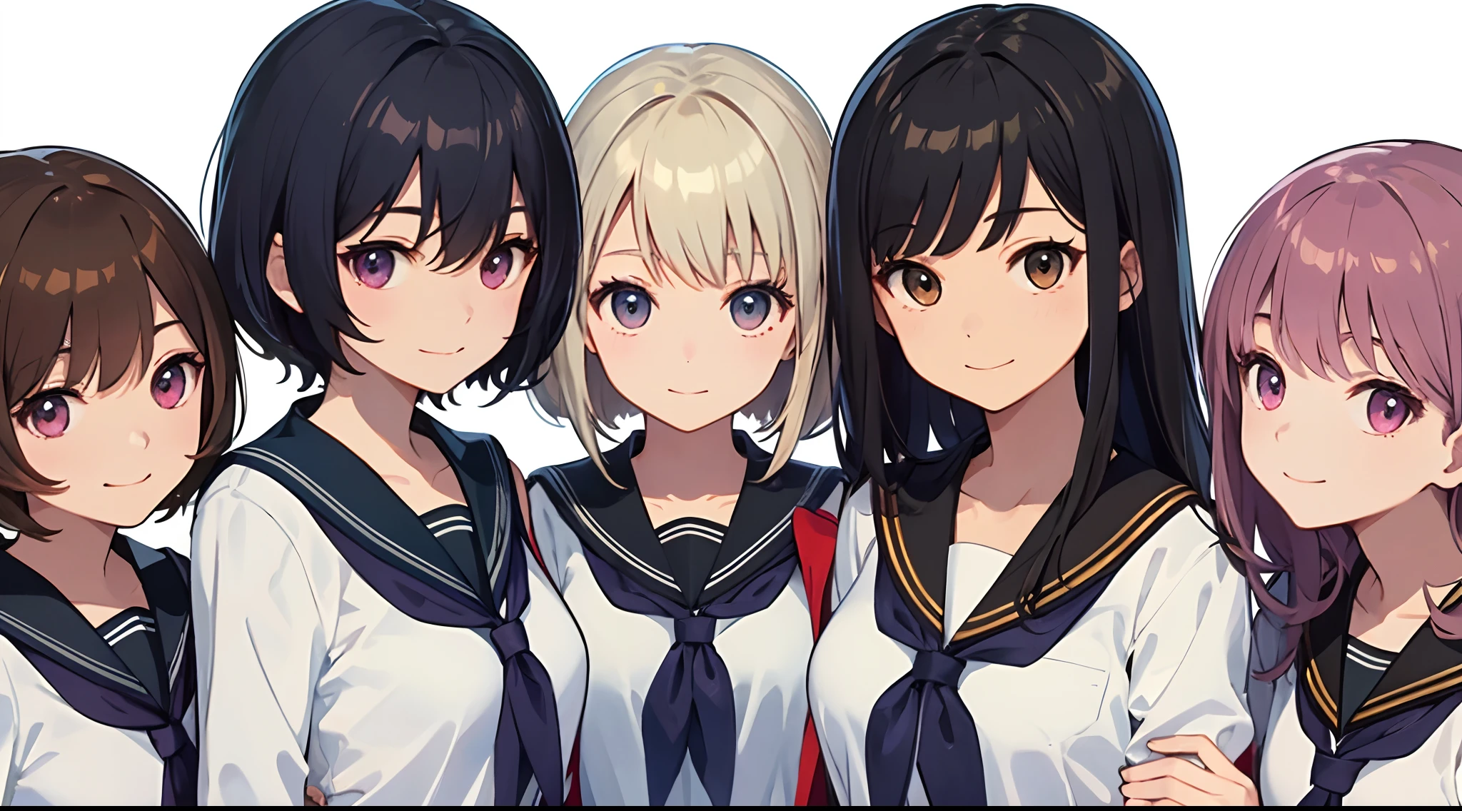 masterpiece、top-quality、detaile、hight resolution、extremely delicate and beautiful、simple background、upper body closeup、beutiful breast、hi-school girl、a sailor suit、校服、student clothes、Smile、multiple female、5 women、4 females、7 Women、