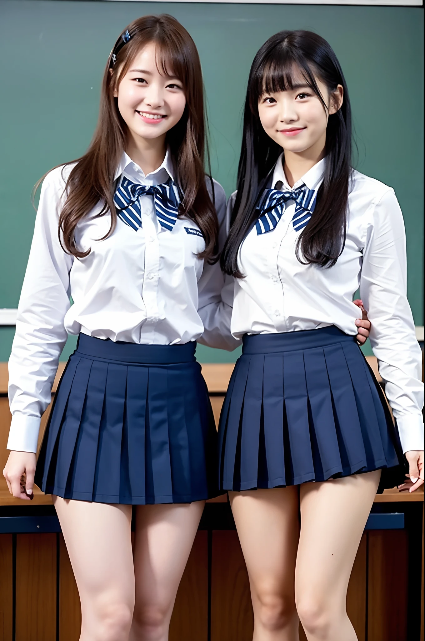 girls in school classroom,vest style navy blue knitted school swimsuit with white shirt and tie,18-year-old,bangs,a little smiles,thighs,knees,crotch,low ponytail,from below