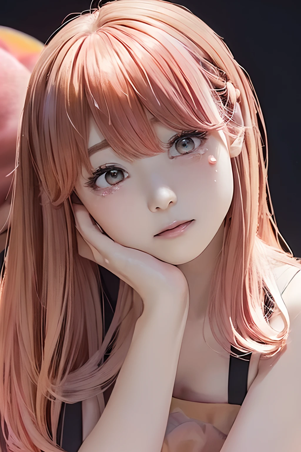 upperbody shot、(((black backgrounds)))、front facing、an oil painting、masterpiece、top-quality、front facing、hight resolution、(((Peach-colored hair)))、Sad look、(((pink clothing)))、long、(((Peach-colored dress)))、femele1a person、(((Are you rubbing your eyes)))、I'm crying、(((Tears are flowing down my cheeks)))