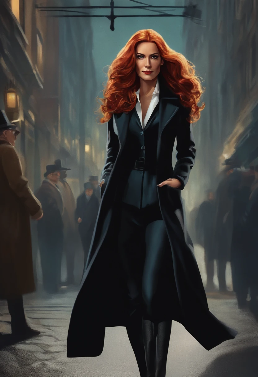 A full-body image of a woman detective with long red hair and brown eyes wearing a black overcoat, in comic style, STAN LEE