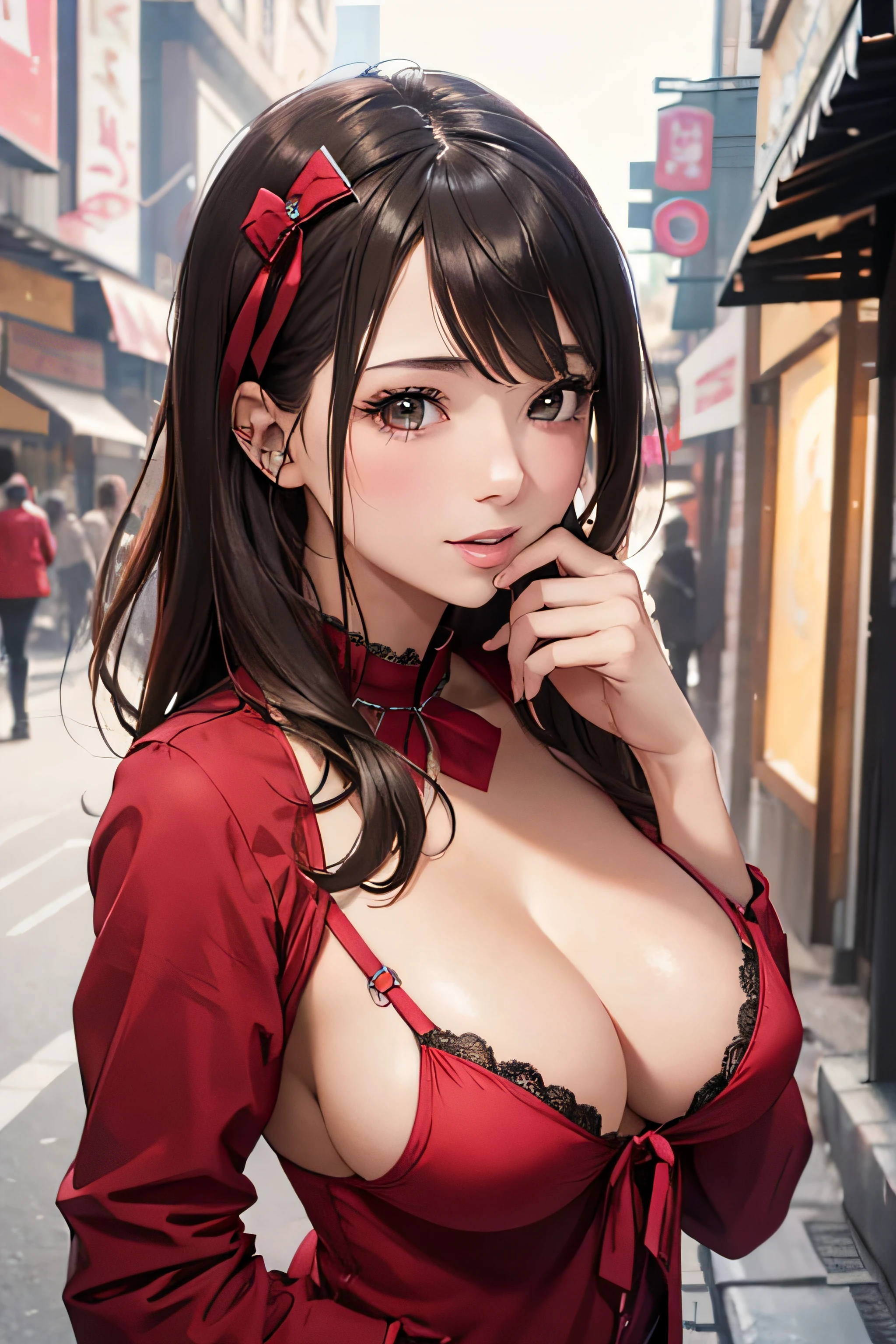 a girl in valentine's day waiting for her boyfriend showing her breasts,((detailed )), festival scenery, medium breasts, flirtatious, ((very detailed)), perfectly detailed face, detailed hand, photorealistic image.