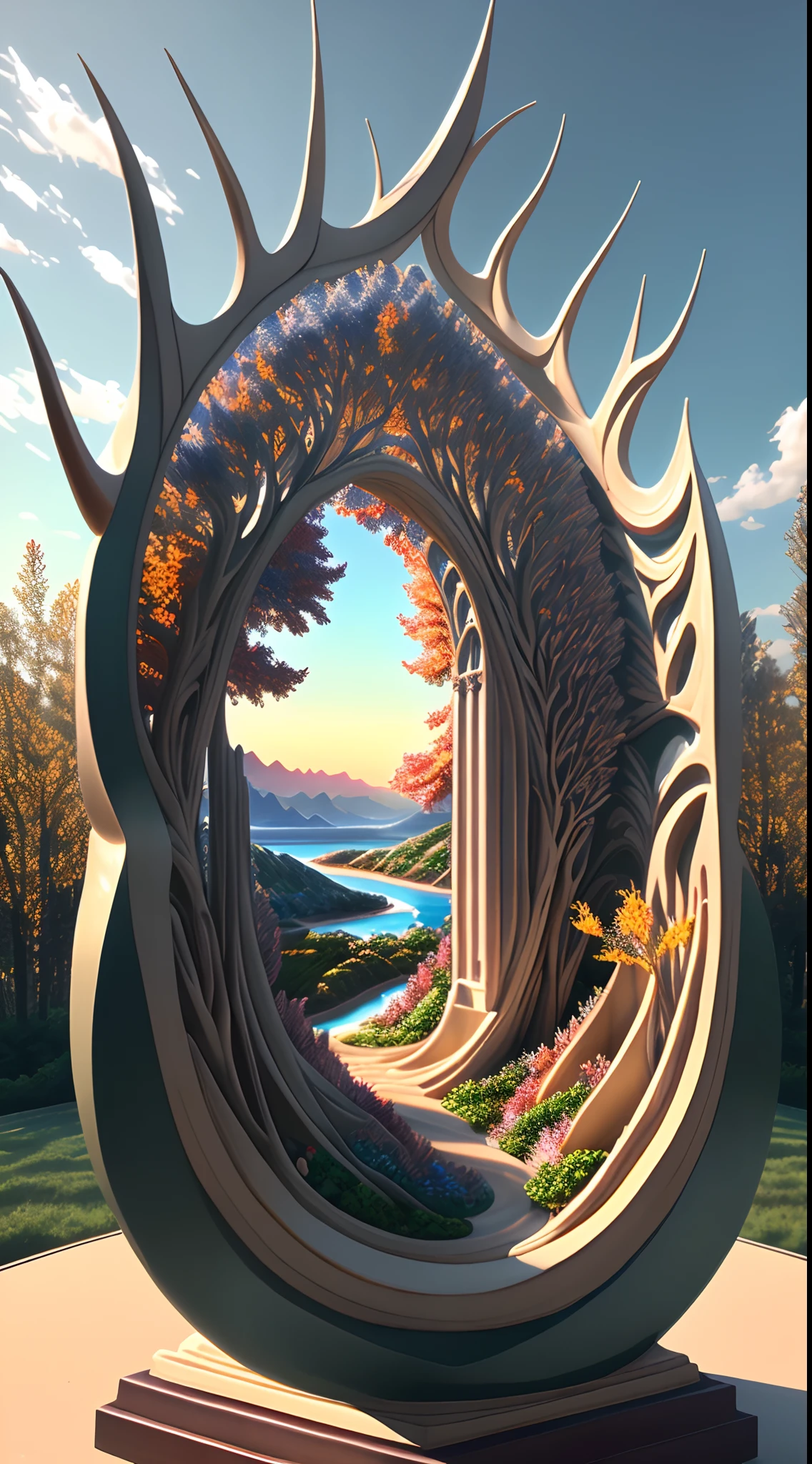 (best quality,4k,8k,highres,masterpiece:1.2),ultra-detailed,realistic,sculpture:1.37,northern,southern,sideways multiverse,diverse landscapes,natural beauty,ceramic craftsmanship,glazed,twisted branches,flickering flames,art gallery